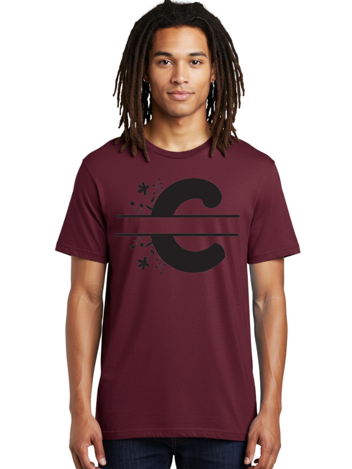 C-1 Men'S Graphic Tee, 100% Cotton, Comfortable Casual Summer Wear, Machine Washable, Black Letter C, Floral Design, Flowers And Foliage, Elegant Typography, Decorative Elements, Simple Yet Sophisticated Aac556