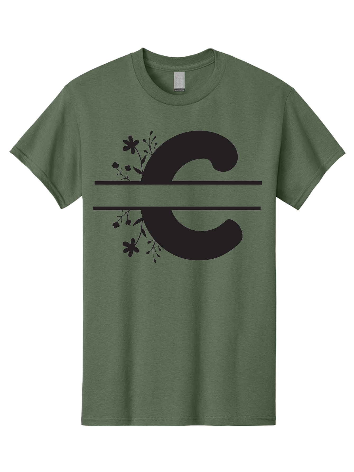 C-1 Men'S Graphic Tee, 100% Cotton, Comfortable Casual Summer Wear, Machine Washable, Black Letter C, Floral Design, Flowers And Foliage, Elegant Typography, Decorative Elements, Simple Yet Sophisticated Aac556