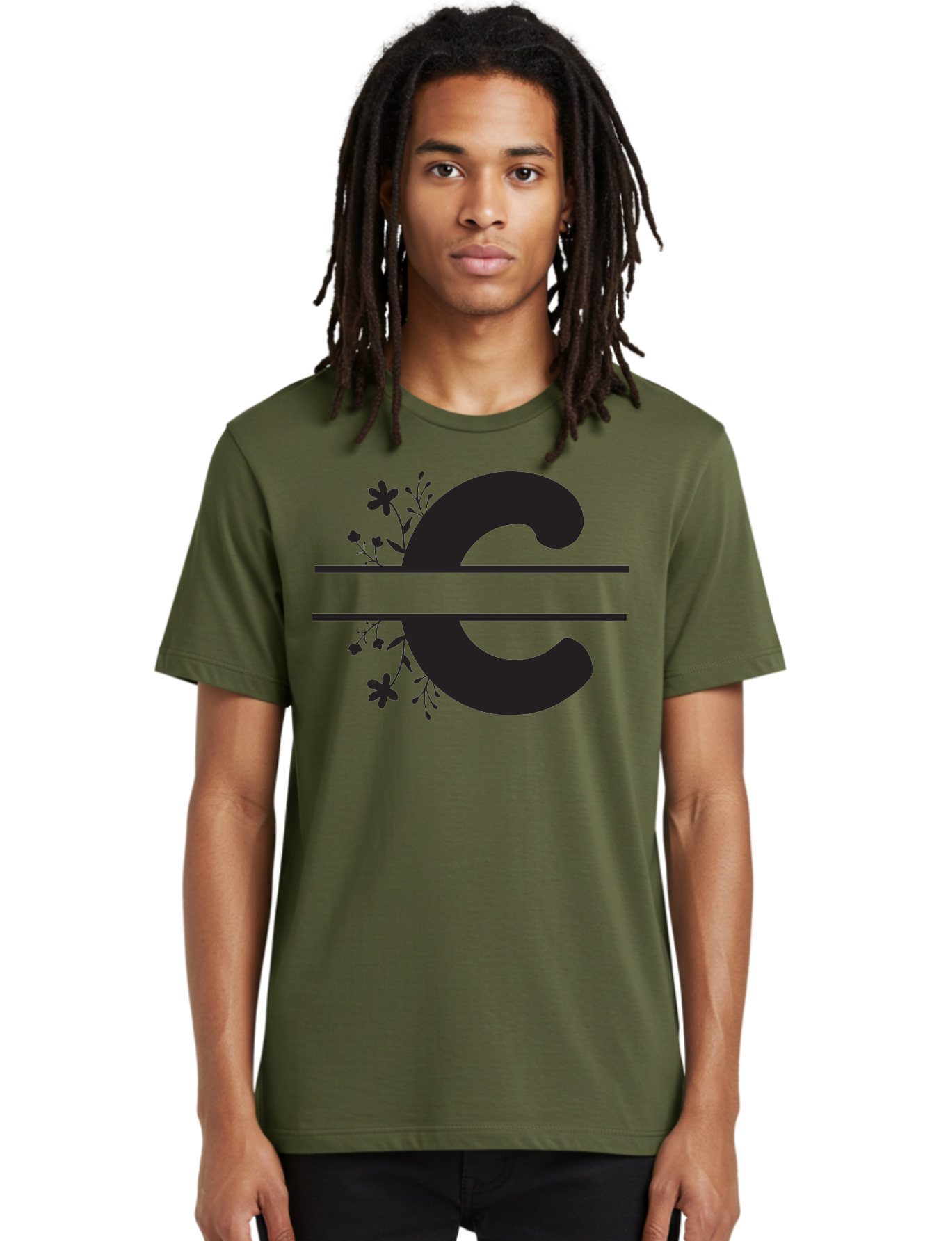 C-1 Men'S Graphic Tee, 100% Cotton, Comfortable Casual Summer Wear, Machine Washable, Black Letter C, Floral Design, Flowers And Foliage, Elegant Typography, Decorative Elements, Simple Yet Sophisticated Aac556
