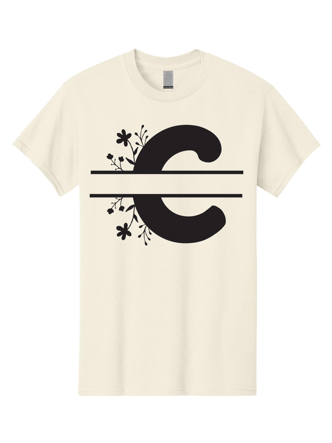 C-1 Men'S Graphic Tee, 100% Cotton, Comfortable Casual Summer Wear, Machine Washable, Black Letter C, Floral Design, Flowers And Foliage, Elegant Typography, Decorative Elements, Simple Yet Sophisticated Aac556