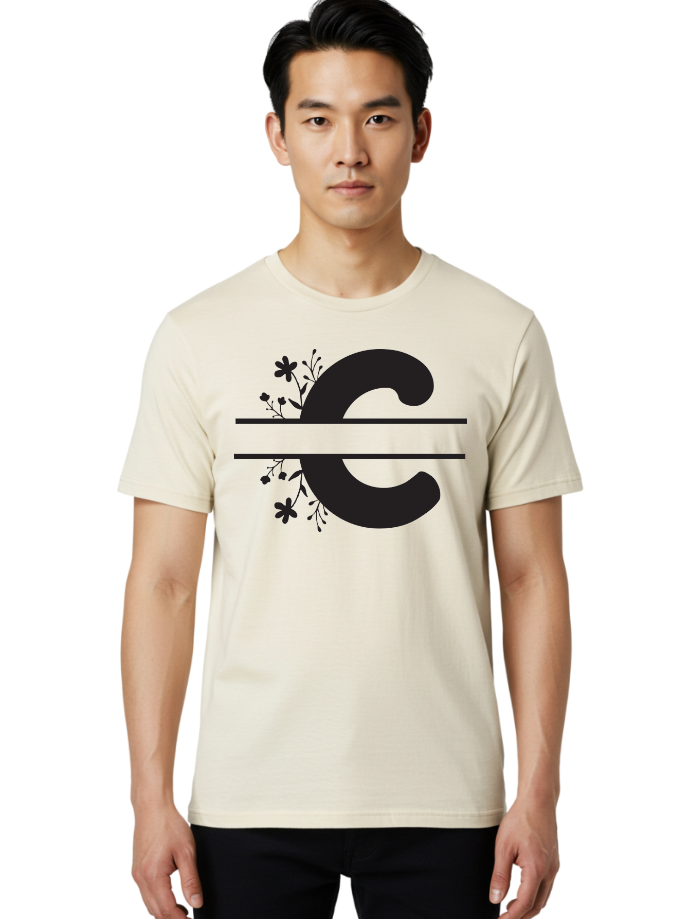 C-1 Men'S Graphic Tee, 100% Cotton, Comfortable Casual Summer Wear, Machine Washable, Black Letter C, Floral Design, Flowers And Foliage, Elegant Typography, Decorative Elements, Simple Yet Sophisticated Aac556