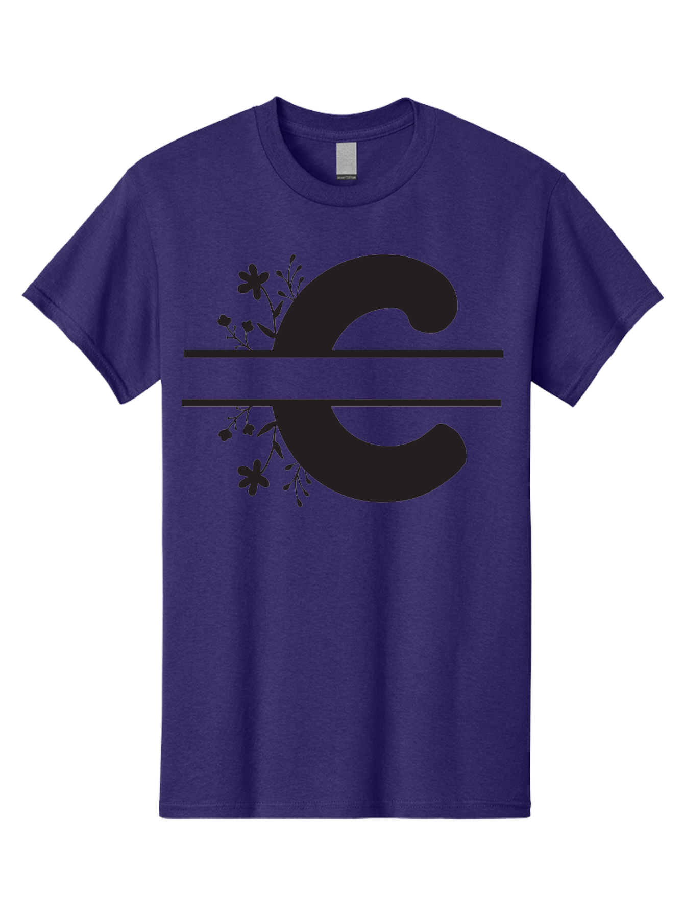 C-1 Men'S Graphic Tee, 100% Cotton, Comfortable Casual Summer Wear, Machine Washable, Black Letter C, Floral Design, Flowers And Foliage, Elegant Typography, Decorative Elements, Simple Yet Sophisticated Aac556