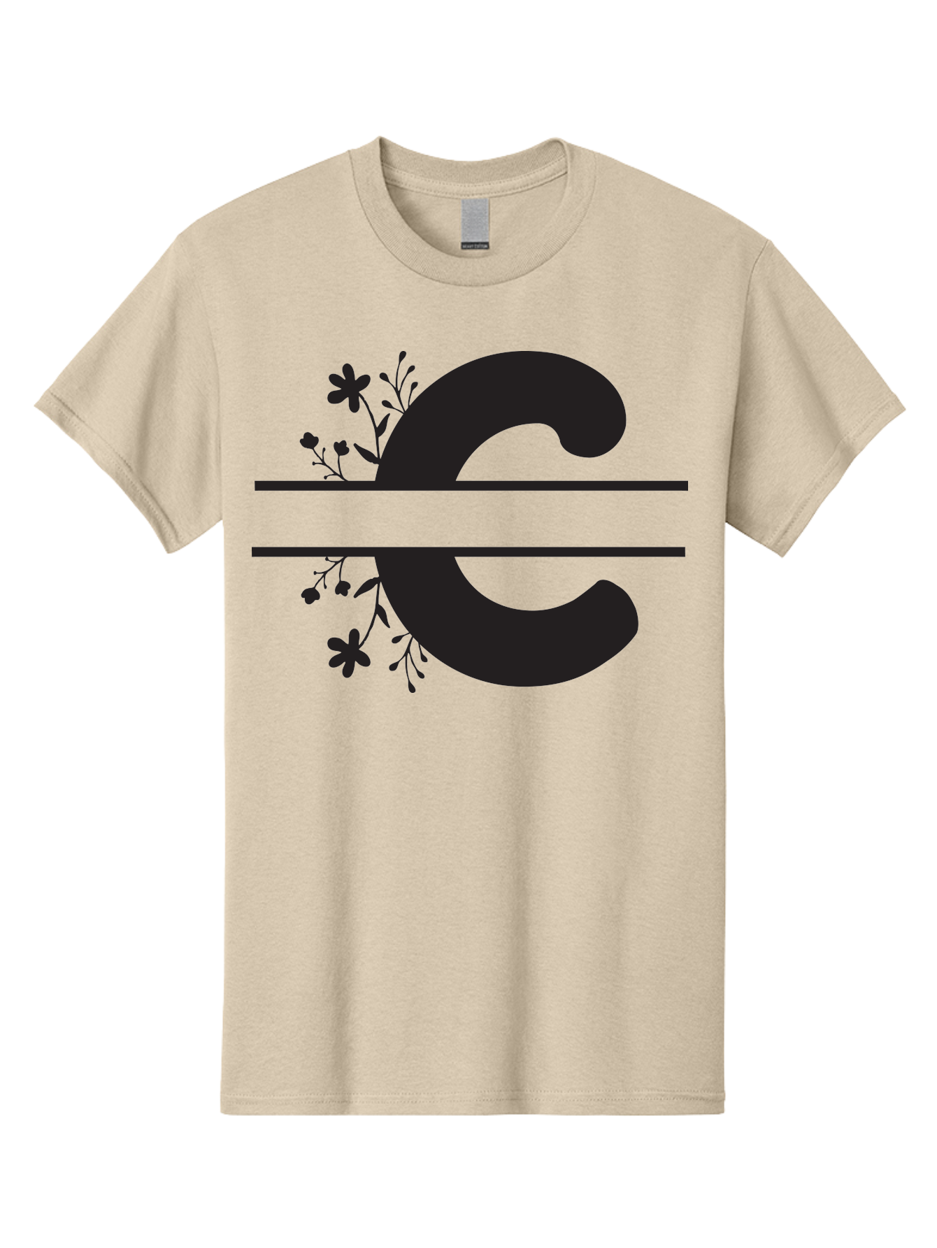C-1 Men'S Graphic Tee, 100% Cotton, Comfortable Casual Summer Wear, Machine Washable, Black Letter C, Floral Design, Flowers And Foliage, Elegant Typography, Decorative Elements, Simple Yet Sophisticated Aac556
