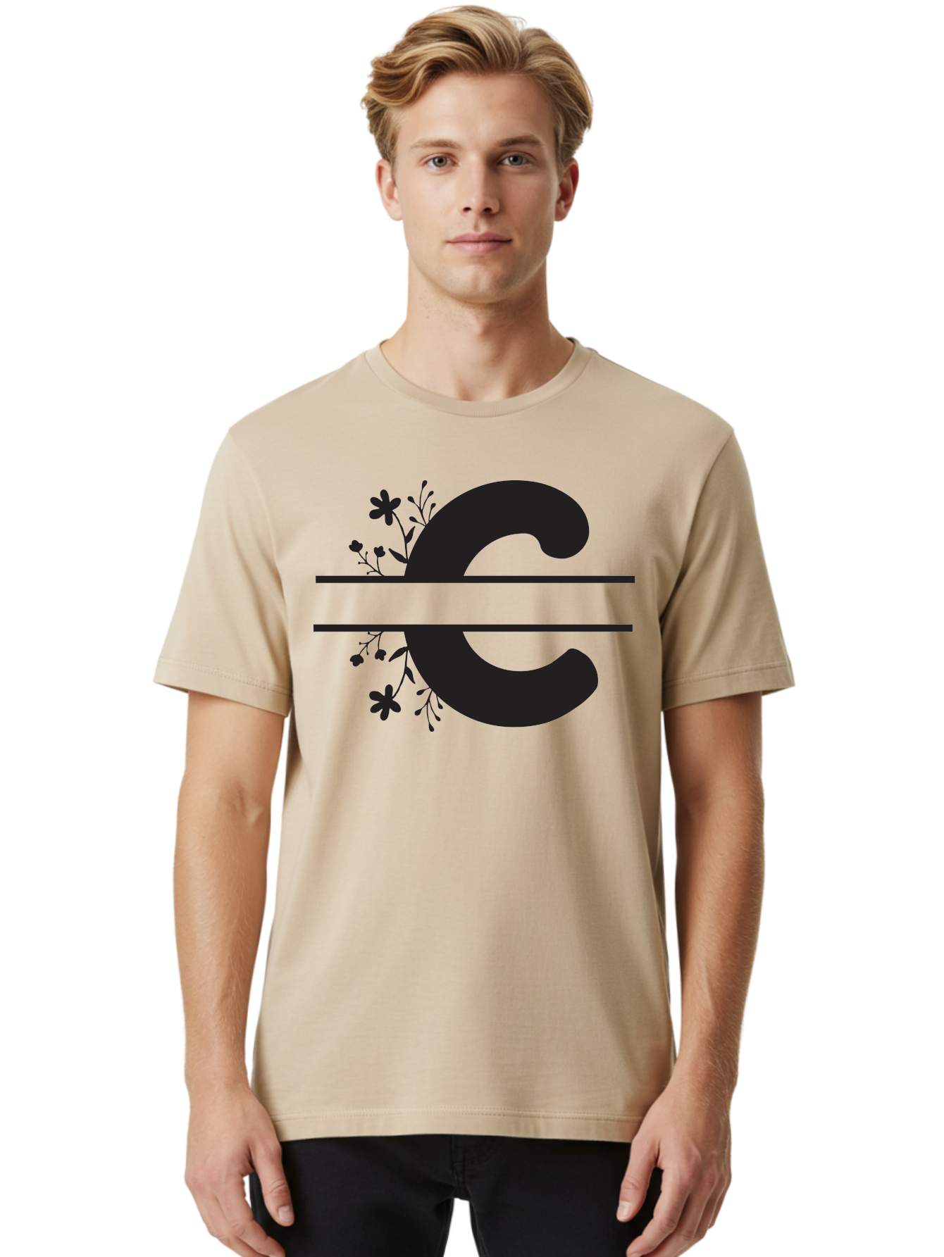 C-1 Men'S Graphic Tee, 100% Cotton, Comfortable Casual Summer Wear, Machine Washable, Black Letter C, Floral Design, Flowers And Foliage, Elegant Typography, Decorative Elements, Simple Yet Sophisticated Aac556