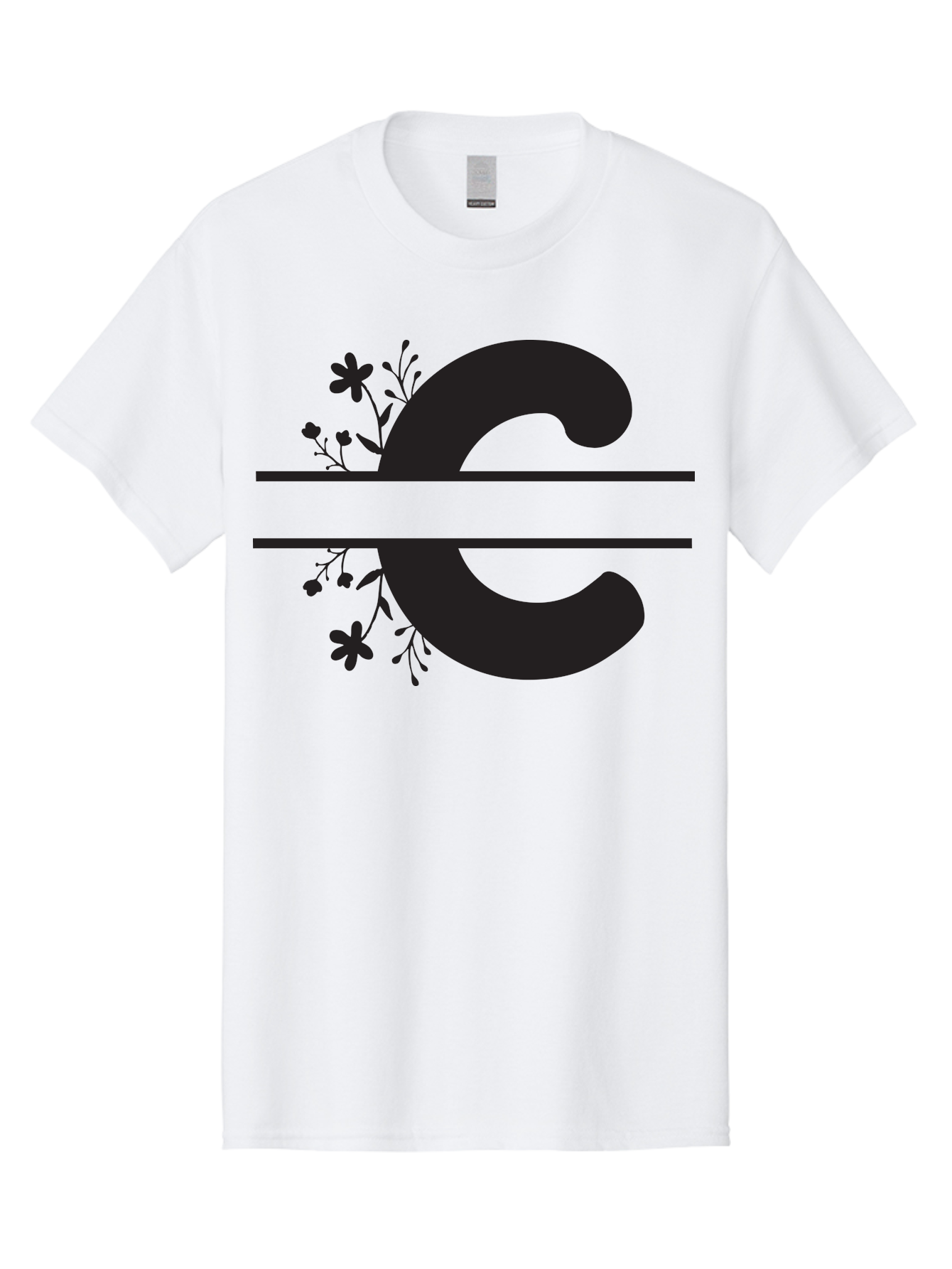 C-1 Men'S Graphic Tee, 100% Cotton, Comfortable Casual Summer Wear, Machine Washable, Black Letter C, Floral Design, Flowers And Foliage, Elegant Typography, Decorative Elements, Simple Yet Sophisticated Aac556