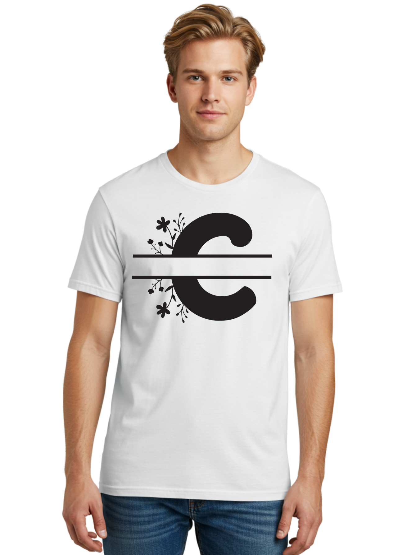 C-1 Men'S Graphic Tee, 100% Cotton, Comfortable Casual Summer Wear, Machine Washable, Black Letter C, Floral Design, Flowers And Foliage, Elegant Typography, Decorative Elements, Simple Yet Sophisticated Aac556