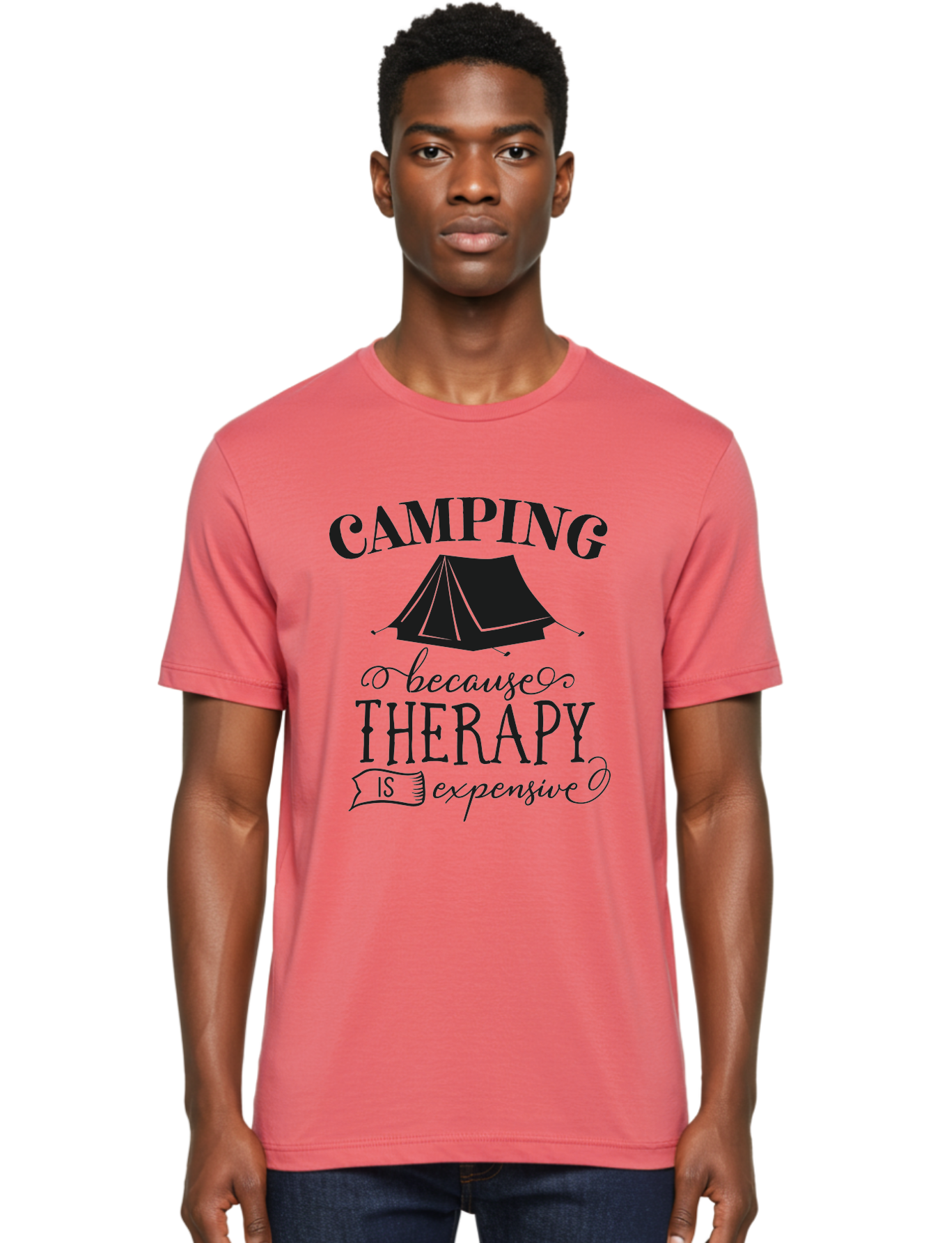 Camping-Because-Therapy-Is-Expensive Men'S Graphic Tee, 100% Cotton, Comfortable Casual Summer Wear, Machine Washable, Camping Quotes, Outdoor Adventures, Therapy Alternatives, Humorous Sayings, Camping Humor, Wellness Retreats, Aac559