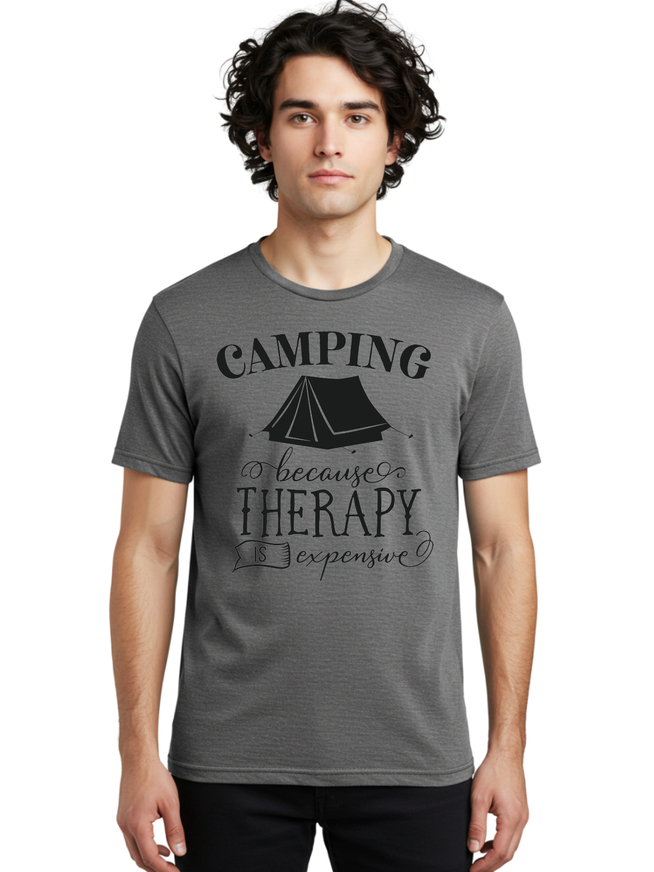 Camping-Because-Therapy-Is-Expensive Men'S Graphic Tee, 100% Cotton, Comfortable Casual Summer Wear, Machine Washable, Camping Quotes, Outdoor Adventures, Therapy Alternatives, Humorous Sayings, Camping Humor, Wellness Retreats, Aac559