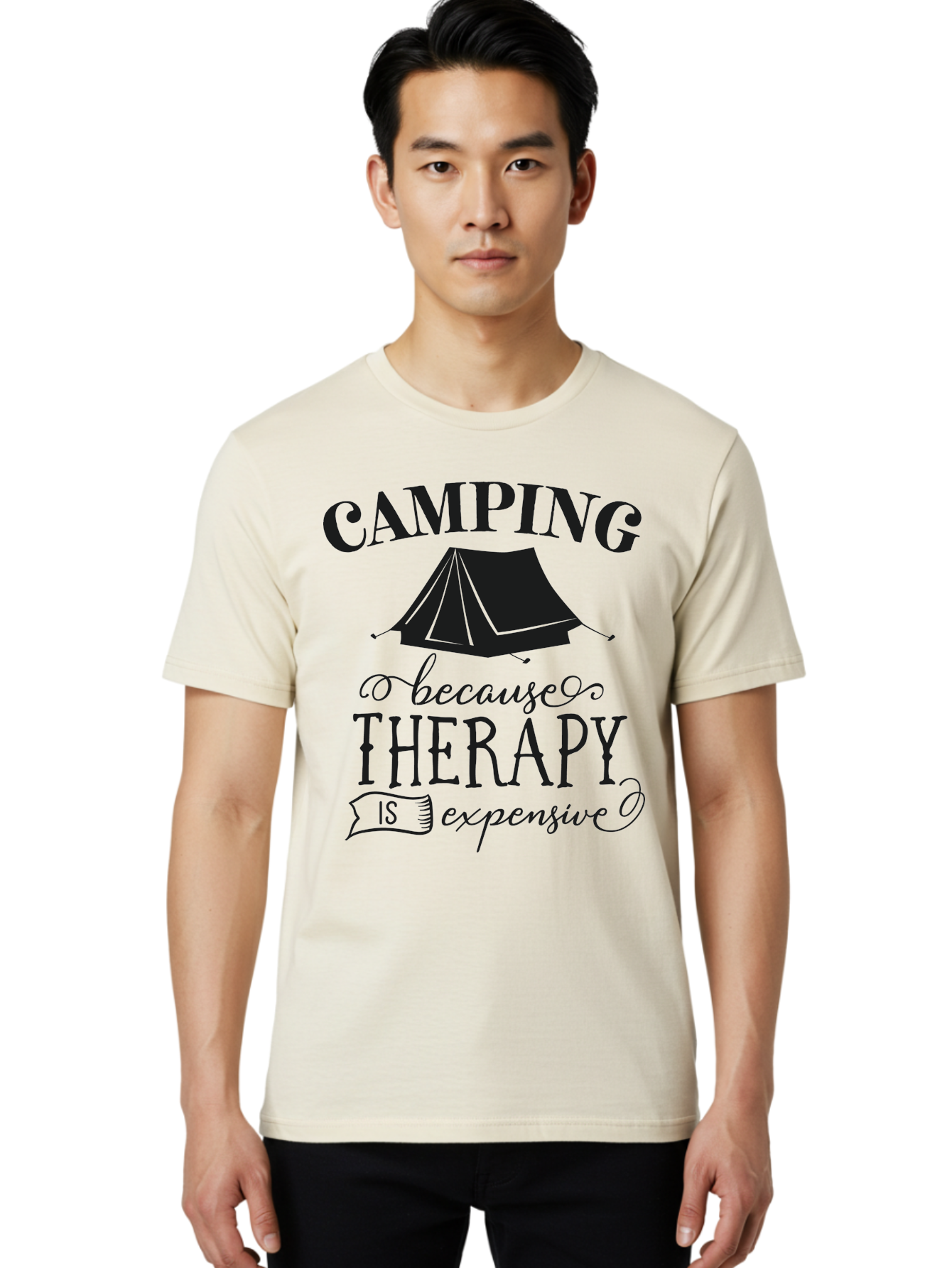Camping-Because-Therapy-Is-Expensive Men'S Graphic Tee, 100% Cotton, Comfortable Casual Summer Wear, Machine Washable, Camping Quotes, Outdoor Adventures, Therapy Alternatives, Humorous Sayings, Camping Humor, Wellness Retreats, Aac559