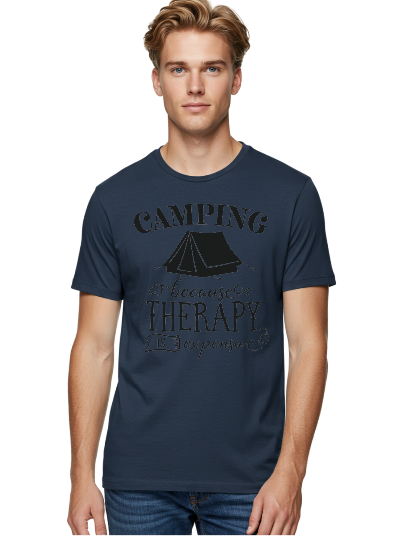 Camping-Because-Therapy-Is-Expensive Men'S Graphic Tee, 100% Cotton, Comfortable Casual Summer Wear, Machine Washable, Camping Quotes, Outdoor Adventures, Therapy Alternatives, Humorous Sayings, Camping Humor, Wellness Retreats, Aac559