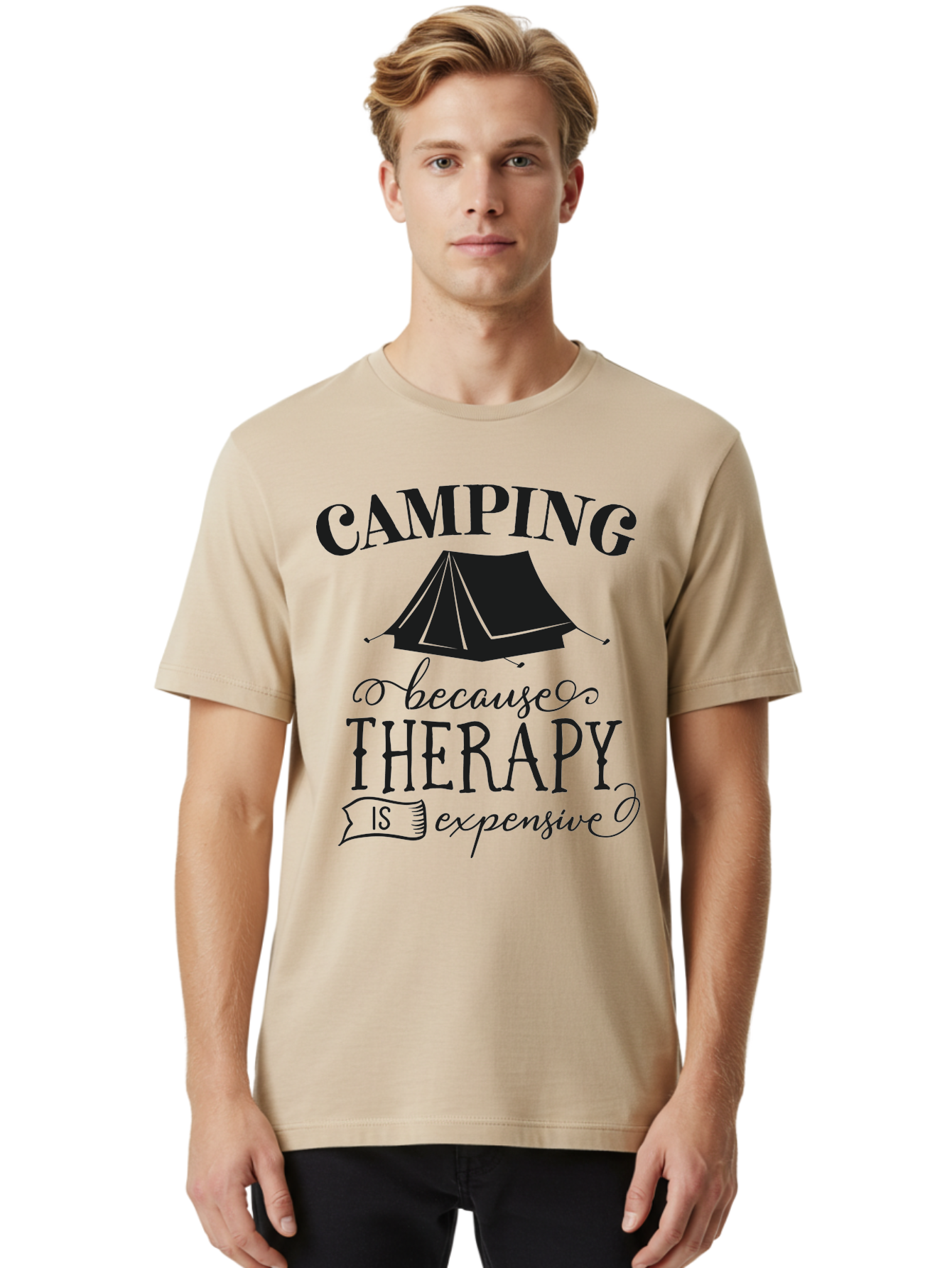 Camping-Because-Therapy-Is-Expensive Men'S Graphic Tee, 100% Cotton, Comfortable Casual Summer Wear, Machine Washable, Camping Quotes, Outdoor Adventures, Therapy Alternatives, Humorous Sayings, Camping Humor, Wellness Retreats, Aac559