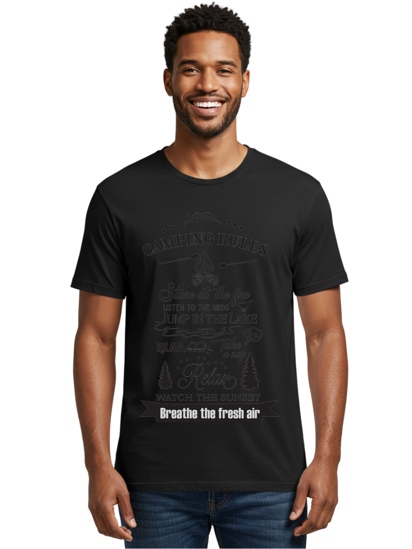 Camping-Rules Men'S Graphic Tee, 100% Cotton, Comfortable Casual Summer Wear, Machine Washable, Camping Rules, Outdoor Activities, Camping Tips, Nature Lovers, Relaxation Techniques, Campfire, Lake, Reading, Napping, Sunset Watching, Fresh Air Aac561