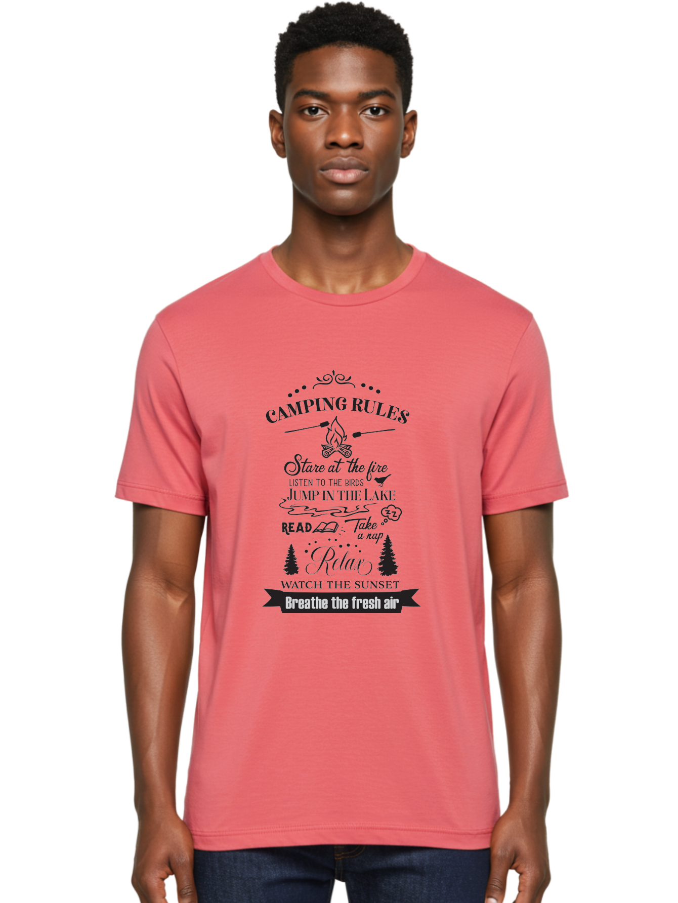 Camping-Rules Men'S Graphic Tee, 100% Cotton, Comfortable Casual Summer Wear, Machine Washable, Camping Rules, Outdoor Activities, Camping Tips, Nature Lovers, Relaxation Techniques, Campfire, Lake, Reading, Napping, Sunset Watching, Fresh Air Aac561