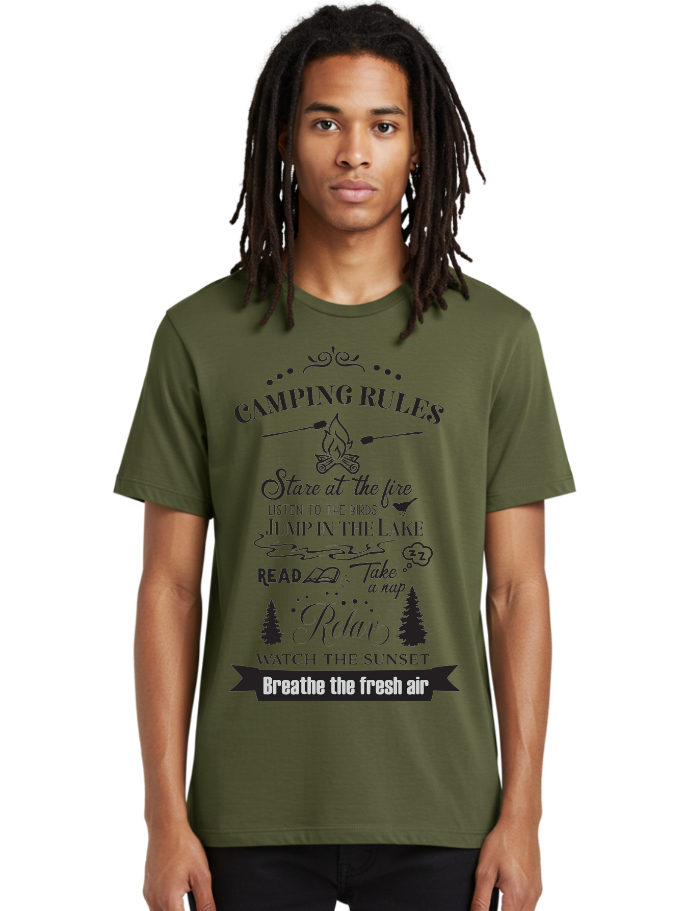 Camping-Rules Men'S Graphic Tee, 100% Cotton, Comfortable Casual Summer Wear, Machine Washable, Camping Rules, Outdoor Activities, Camping Tips, Nature Lovers, Relaxation Techniques, Campfire, Lake, Reading, Napping, Sunset Watching, Fresh Air Aac561