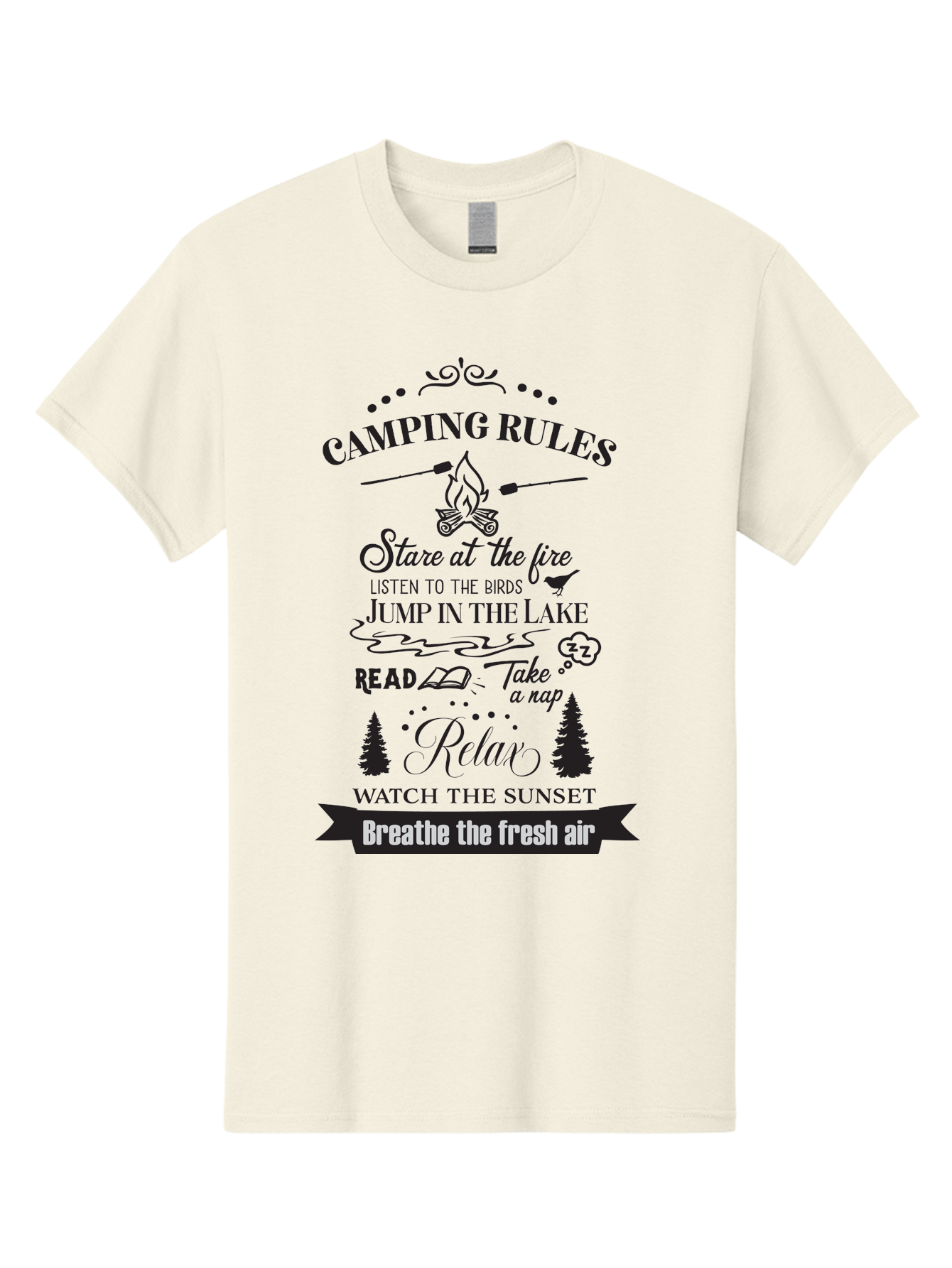 Camping-Rules Men'S Graphic Tee, 100% Cotton, Comfortable Casual Summer Wear, Machine Washable, Camping Rules, Outdoor Activities, Camping Tips, Nature Lovers, Relaxation Techniques, Campfire, Lake, Reading, Napping, Sunset Watching, Fresh Air Aac561