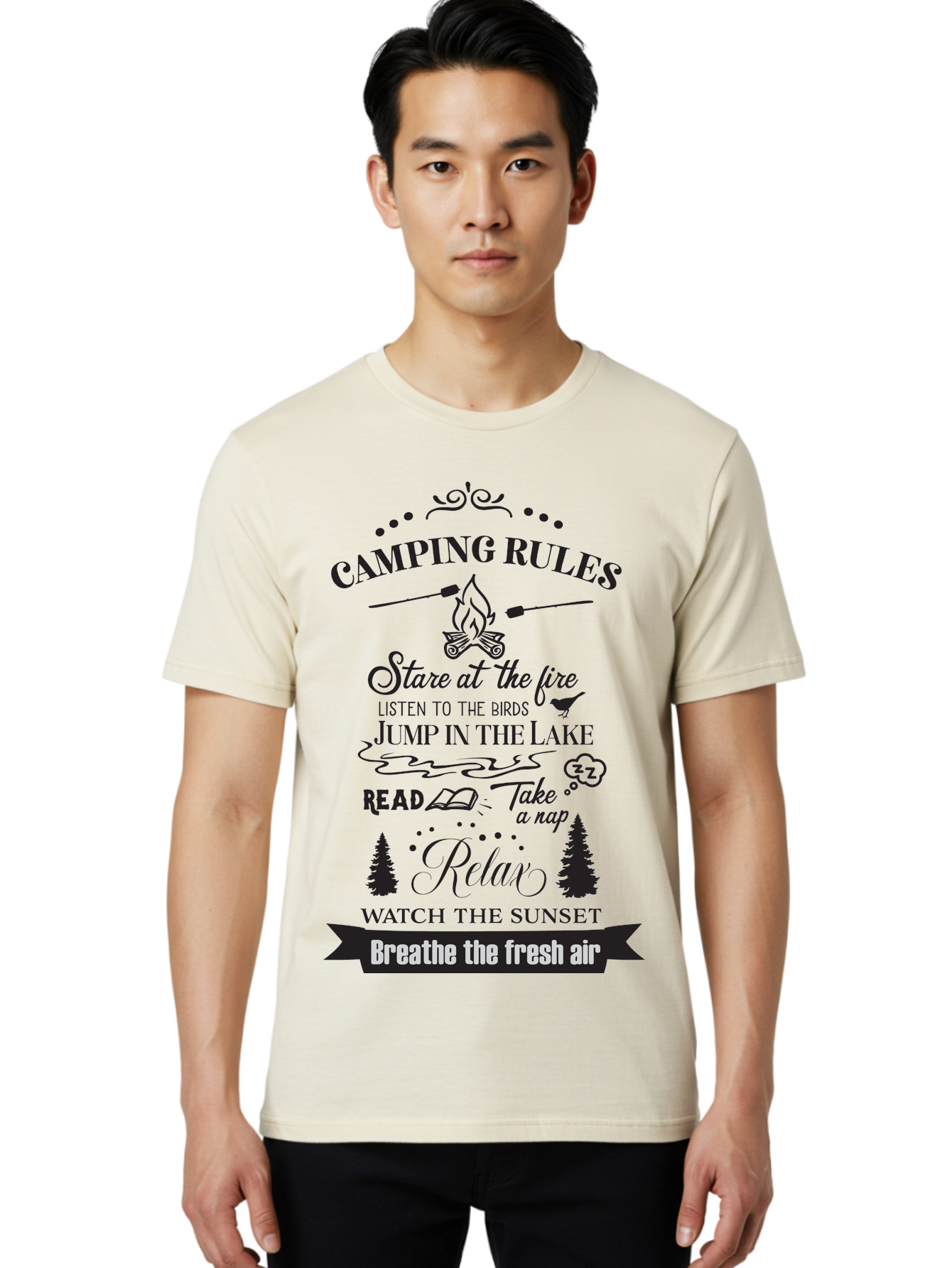 Camping-Rules Men'S Graphic Tee, 100% Cotton, Comfortable Casual Summer Wear, Machine Washable, Camping Rules, Outdoor Activities, Camping Tips, Nature Lovers, Relaxation Techniques, Campfire, Lake, Reading, Napping, Sunset Watching, Fresh Air Aac561