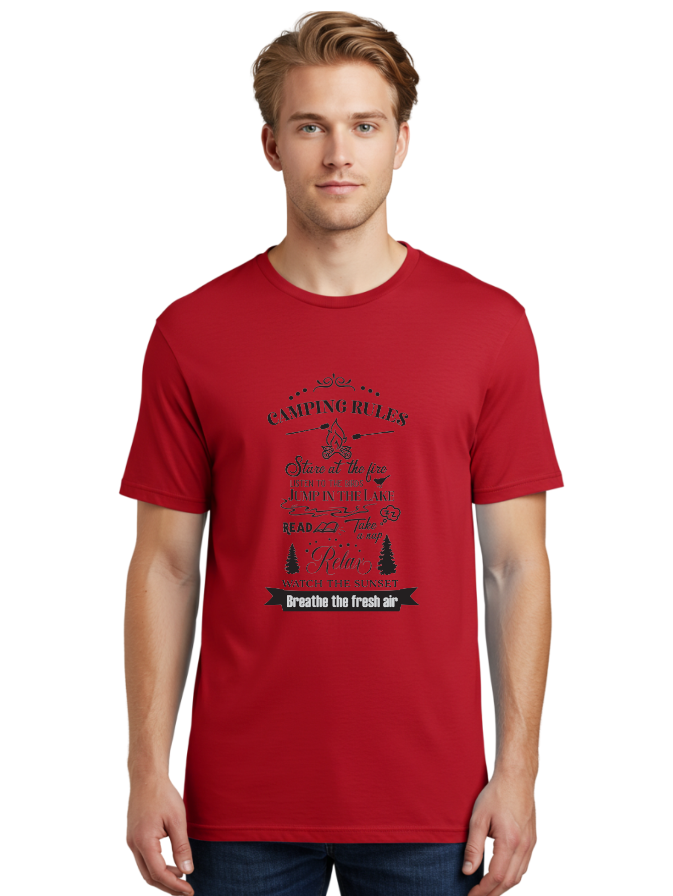 Camping-Rules Men'S Graphic Tee, 100% Cotton, Comfortable Casual Summer Wear, Machine Washable, Camping Rules, Outdoor Activities, Camping Tips, Nature Lovers, Relaxation Techniques, Campfire, Lake, Reading, Napping, Sunset Watching, Fresh Air Aac561