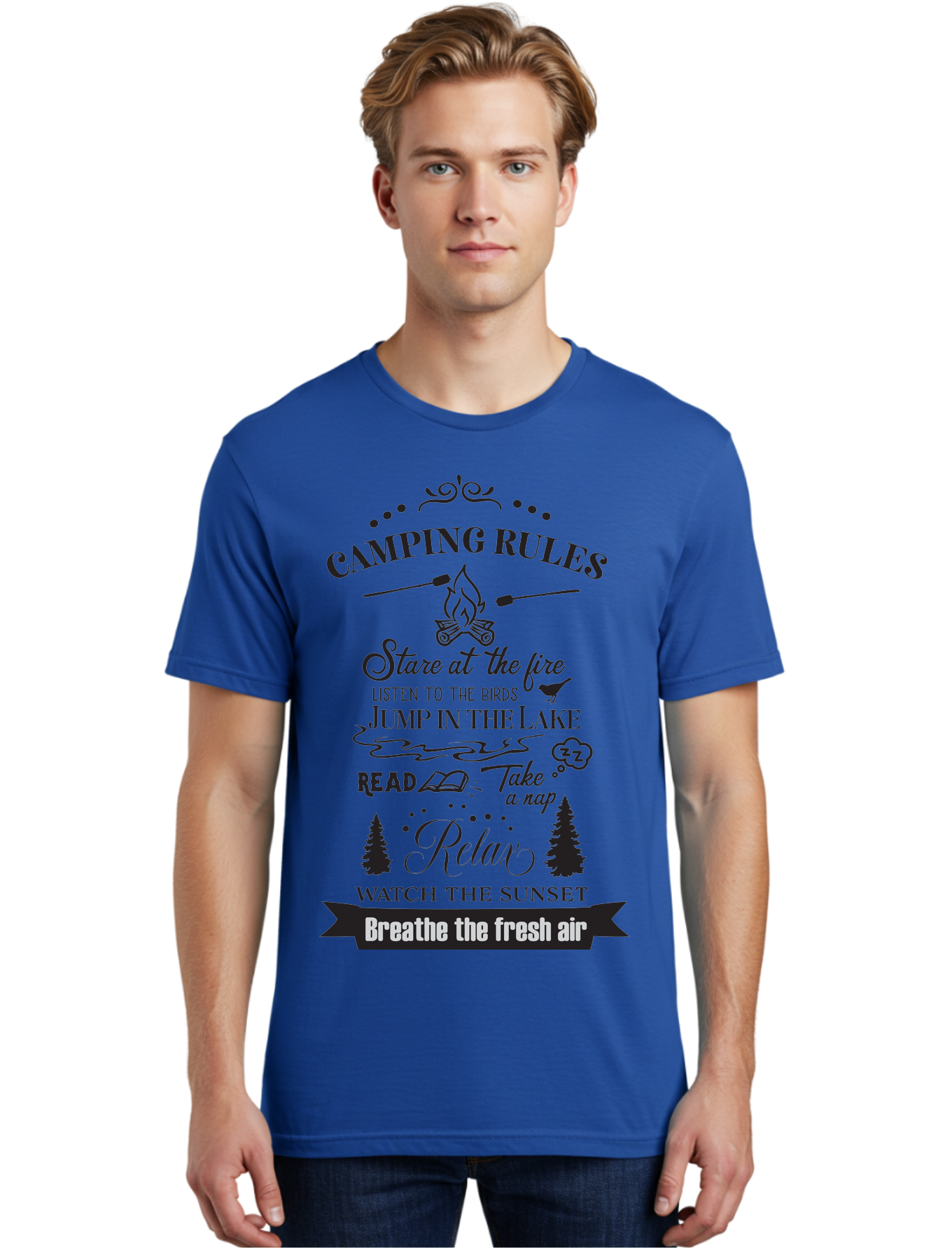 Camping-Rules Men'S Graphic Tee, 100% Cotton, Comfortable Casual Summer Wear, Machine Washable, Camping Rules, Outdoor Activities, Camping Tips, Nature Lovers, Relaxation Techniques, Campfire, Lake, Reading, Napping, Sunset Watching, Fresh Air Aac561
