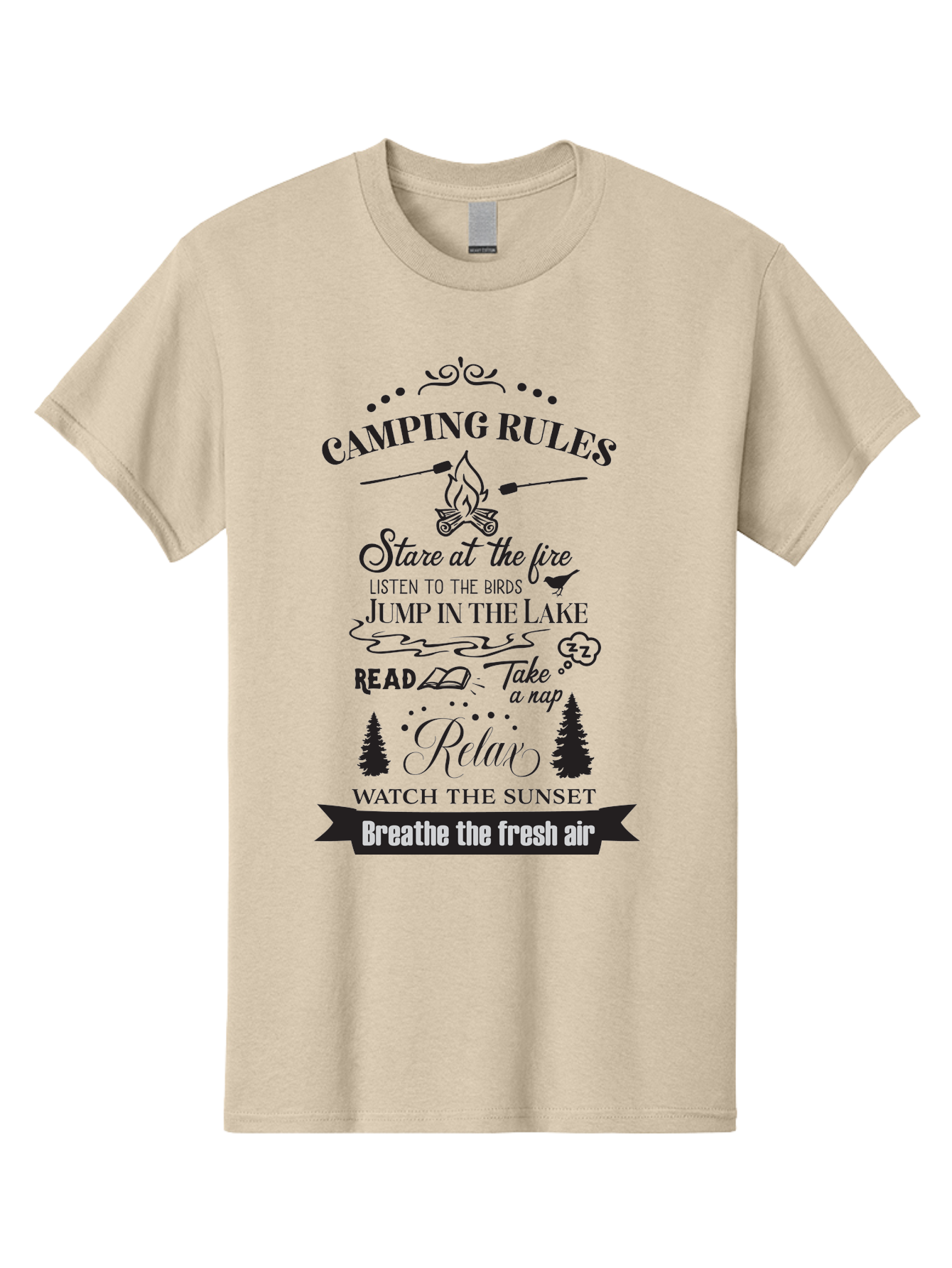 Camping-Rules Men'S Graphic Tee, 100% Cotton, Comfortable Casual Summer Wear, Machine Washable, Camping Rules, Outdoor Activities, Camping Tips, Nature Lovers, Relaxation Techniques, Campfire, Lake, Reading, Napping, Sunset Watching, Fresh Air Aac561