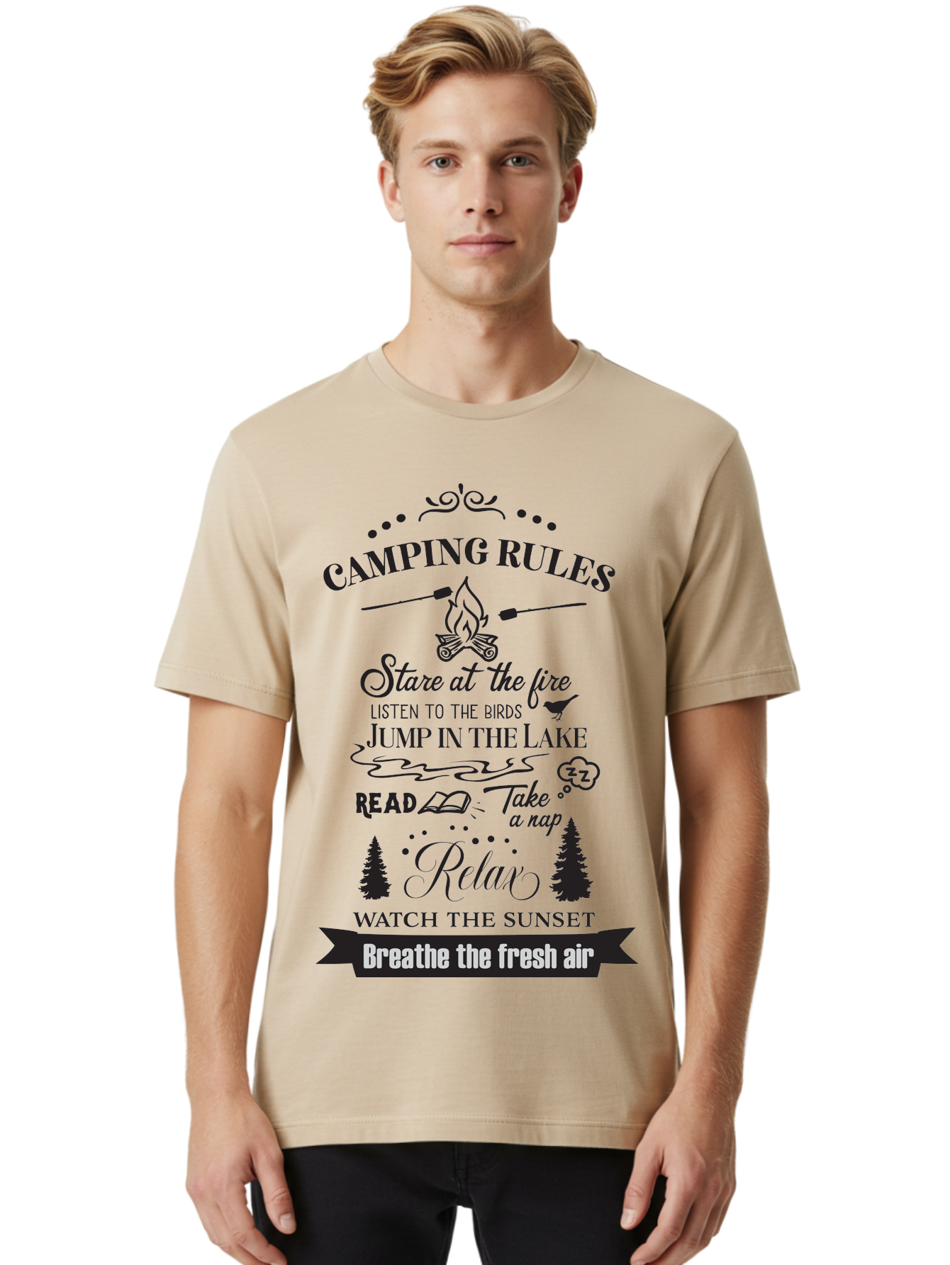 Camping-Rules Men'S Graphic Tee, 100% Cotton, Comfortable Casual Summer Wear, Machine Washable, Camping Rules, Outdoor Activities, Camping Tips, Nature Lovers, Relaxation Techniques, Campfire, Lake, Reading, Napping, Sunset Watching, Fresh Air Aac561