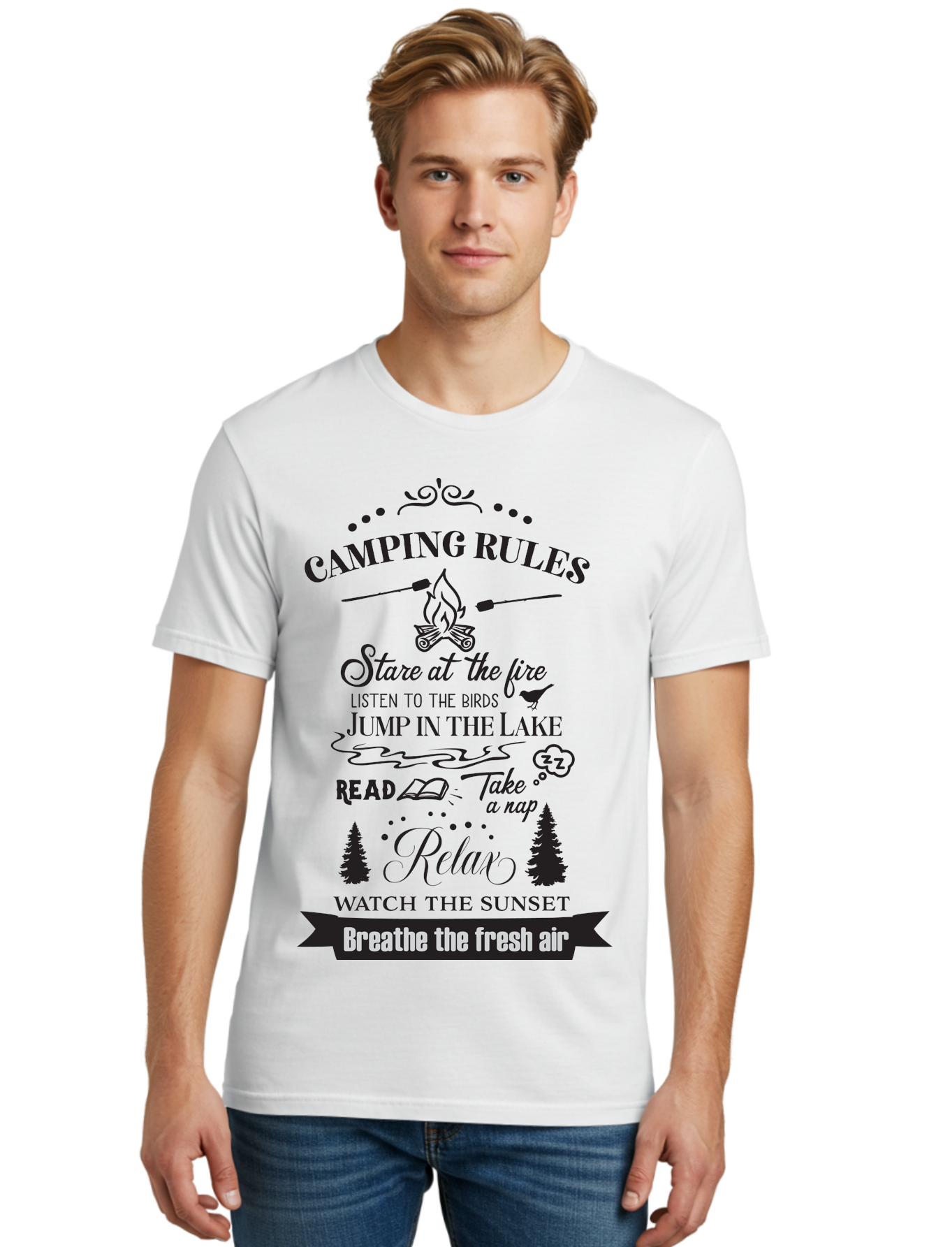 Camping-Rules Men'S Graphic Tee, 100% Cotton, Comfortable Casual Summer Wear, Machine Washable, Camping Rules, Outdoor Activities, Camping Tips, Nature Lovers, Relaxation Techniques, Campfire, Lake, Reading, Napping, Sunset Watching, Fresh Air Aac561