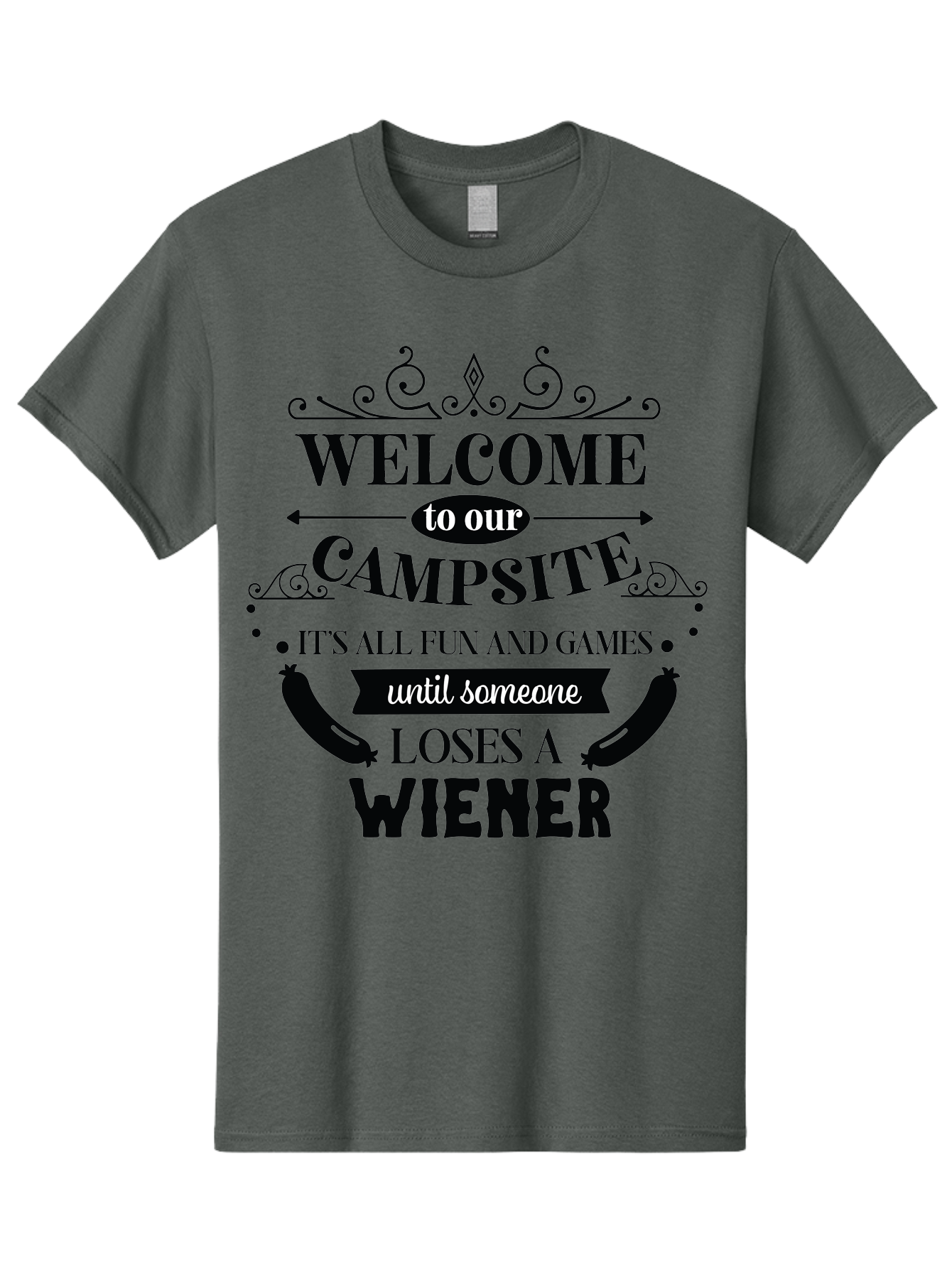 Campsite-Sign Men'S Graphic Tee, 100% Cotton, Comfortable Casual Summer Wear, Machine Washable, Camping Humor, Funny Quote, Wiener Joke, Outdoor Adventure, Campsite Welcome, Summer Fun, Playful Saying, Witty Humor, Camping Quote Aac562