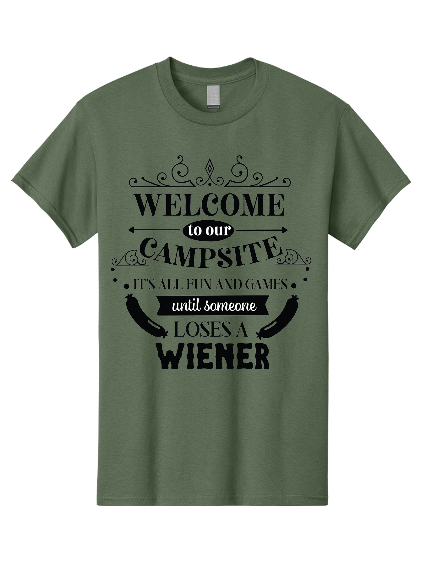 Campsite-Sign Men'S Graphic Tee, 100% Cotton, Comfortable Casual Summer Wear, Machine Washable, Camping Humor, Funny Quote, Wiener Joke, Outdoor Adventure, Campsite Welcome, Summer Fun, Playful Saying, Witty Humor, Camping Quote Aac562