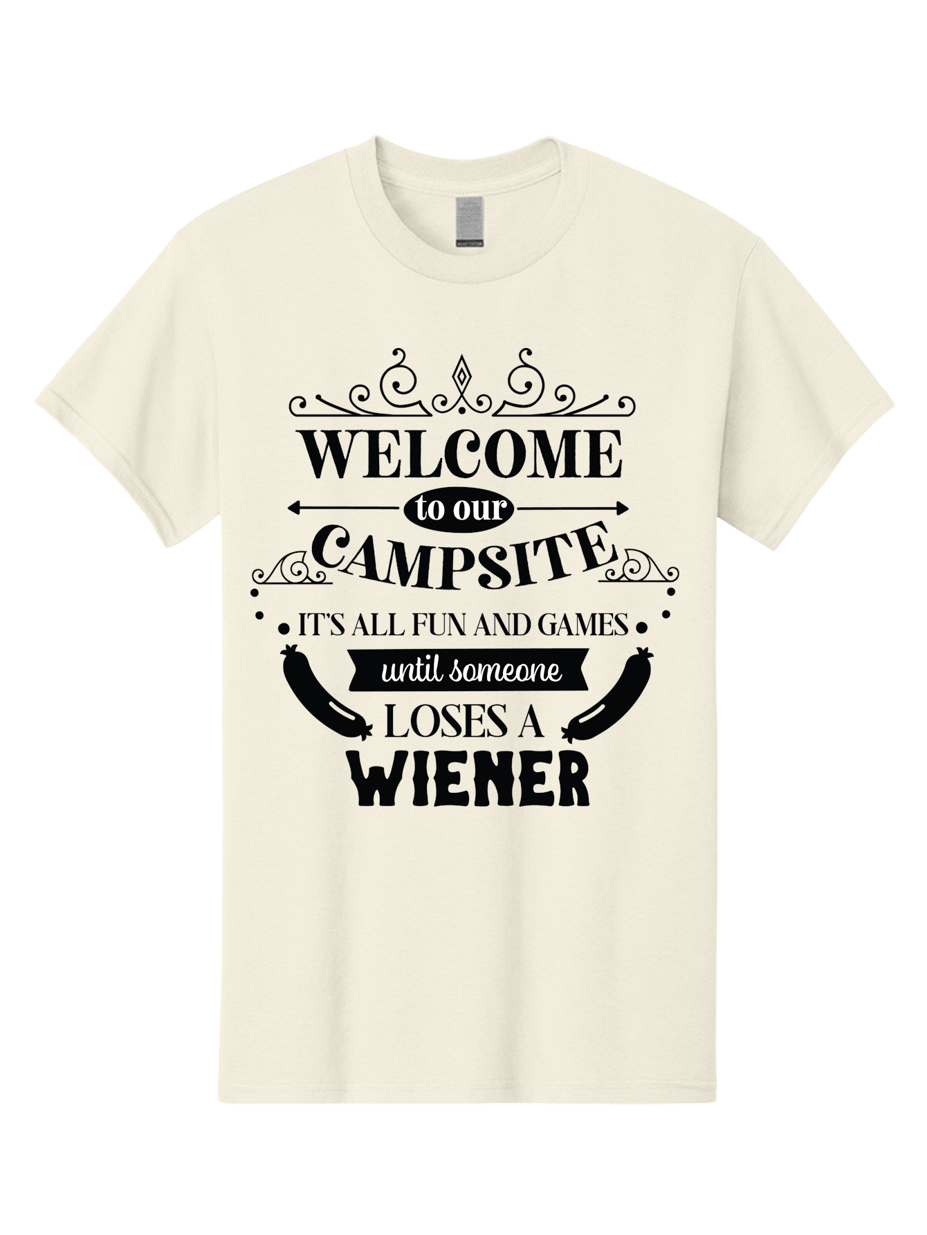 Campsite-Sign Men'S Graphic Tee, 100% Cotton, Comfortable Casual Summer Wear, Machine Washable, Camping Humor, Funny Quote, Wiener Joke, Outdoor Adventure, Campsite Welcome, Summer Fun, Playful Saying, Witty Humor, Camping Quote Aac562