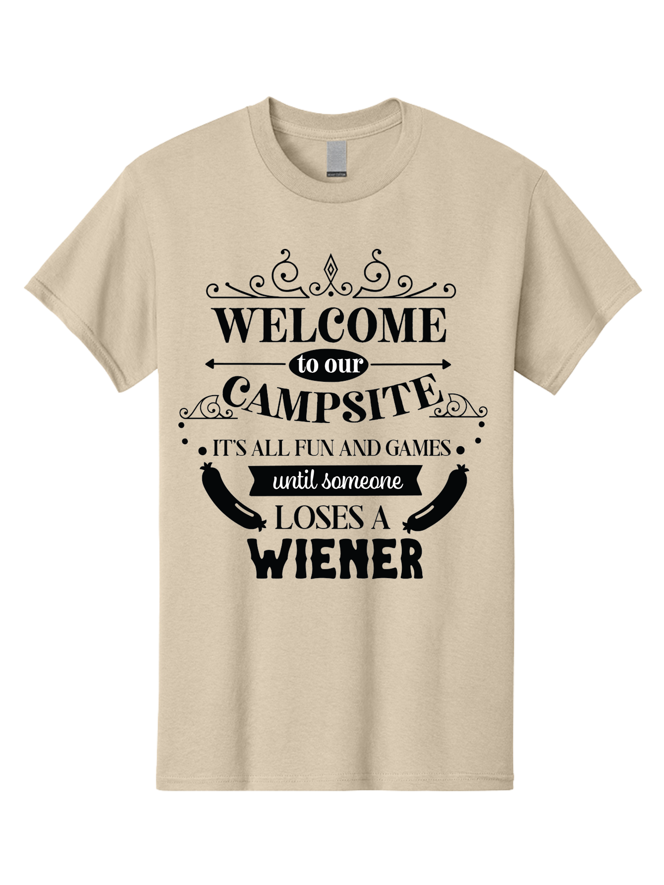 Campsite-Sign Men'S Graphic Tee, 100% Cotton, Comfortable Casual Summer Wear, Machine Washable, Camping Humor, Funny Quote, Wiener Joke, Outdoor Adventure, Campsite Welcome, Summer Fun, Playful Saying, Witty Humor, Camping Quote Aac562