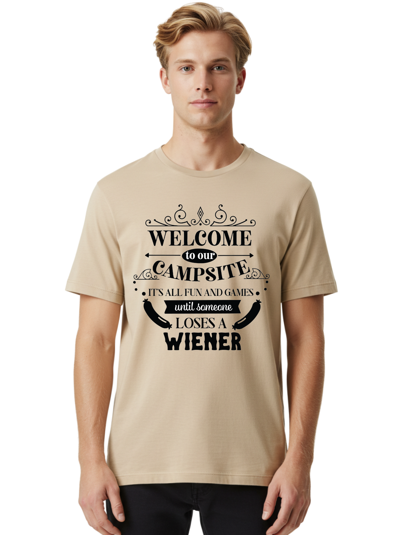 Campsite-Sign Men'S Graphic Tee, 100% Cotton, Comfortable Casual Summer Wear, Machine Washable, Camping Humor, Funny Quote, Wiener Joke, Outdoor Adventure, Campsite Welcome, Summer Fun, Playful Saying, Witty Humor, Camping Quote Aac562