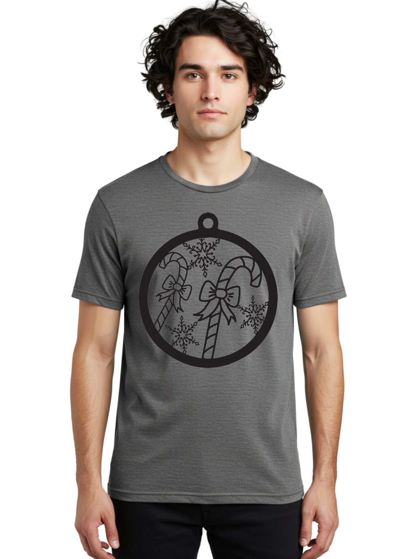 Candy-Canes-Ornament Men'S Graphic Tee, 100% Cotton, Comfortable Casual Summer Wear, Machine Washable, Candy Canes With Bows, Christmas Ornaments, Festive Holiday Decor, Winter Wonderland Theme, Snowflakes, Holiday Cheer, Aac566