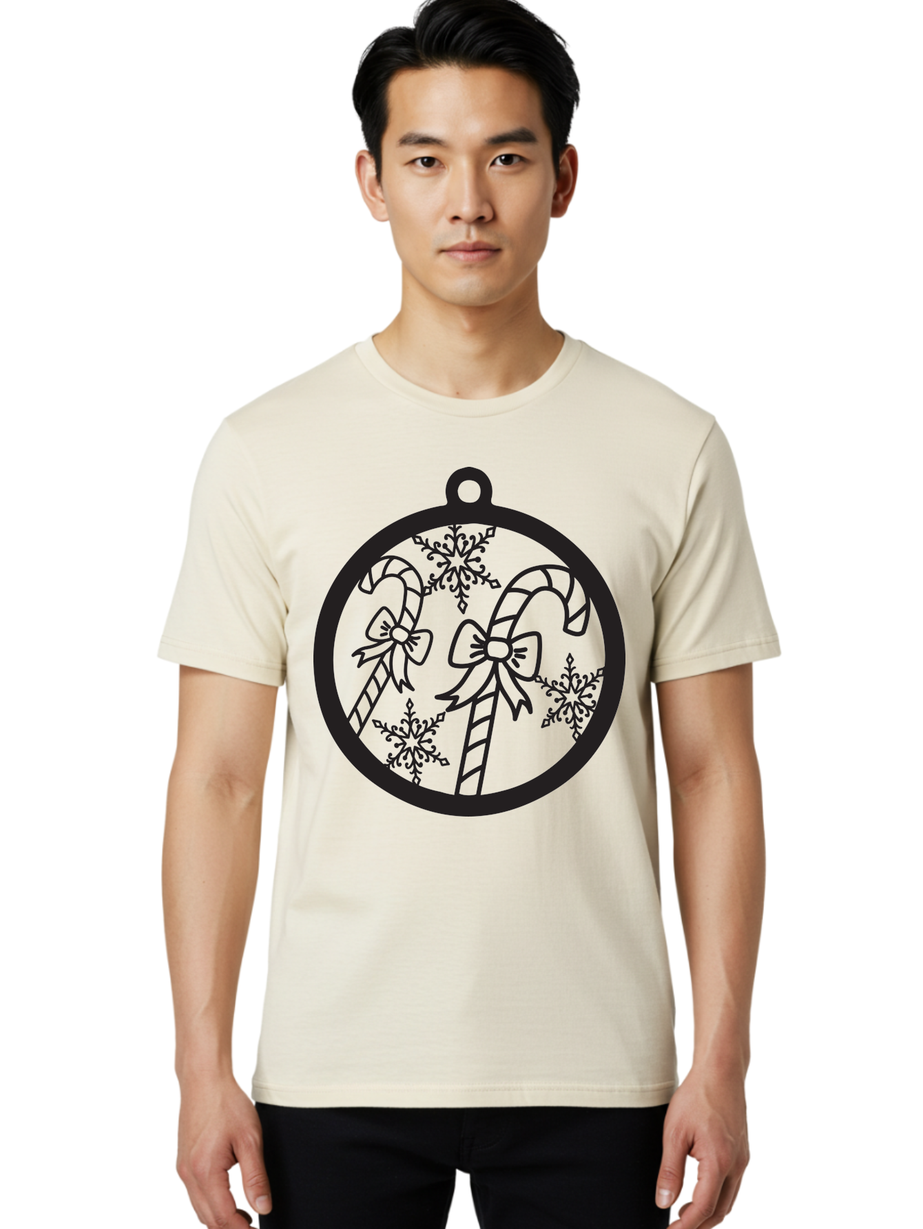 Candy-Canes-Ornament Men'S Graphic Tee, 100% Cotton, Comfortable Casual Summer Wear, Machine Washable, Candy Canes With Bows, Christmas Ornaments, Festive Holiday Decor, Winter Wonderland Theme, Snowflakes, Holiday Cheer, Aac566