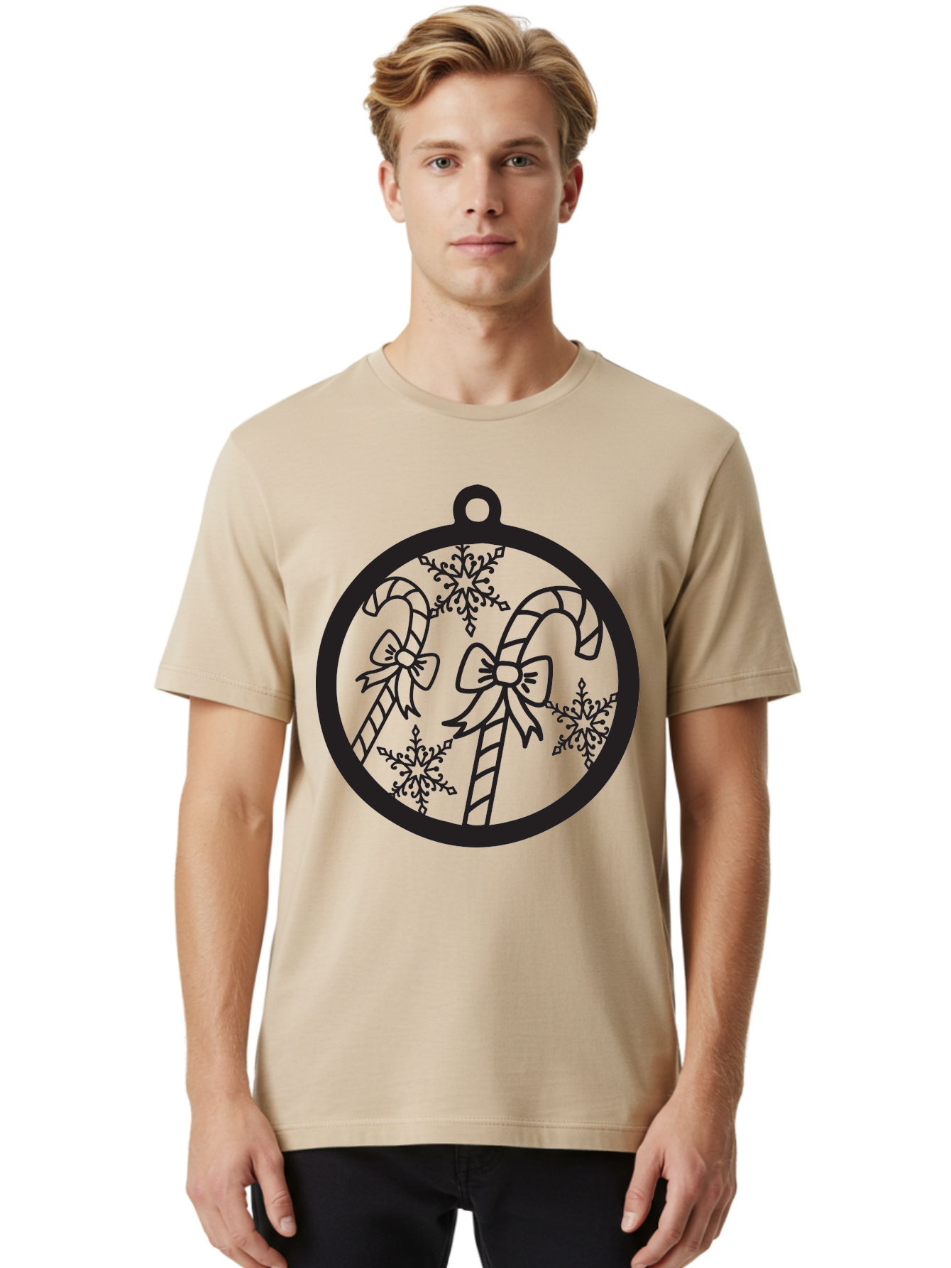 Candy-Canes-Ornament Men'S Graphic Tee, 100% Cotton, Comfortable Casual Summer Wear, Machine Washable, Candy Canes With Bows, Christmas Ornaments, Festive Holiday Decor, Winter Wonderland Theme, Snowflakes, Holiday Cheer, Aac566