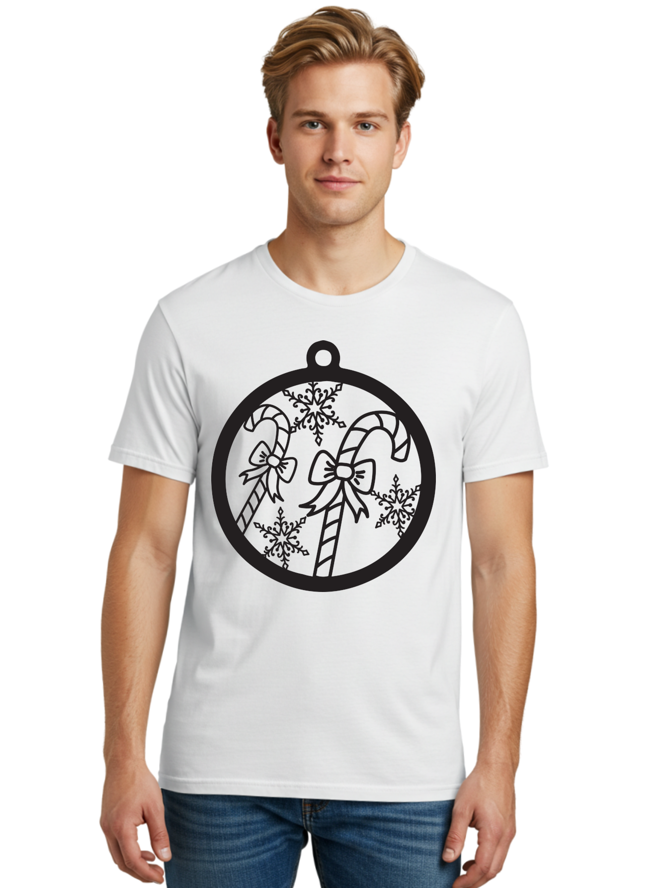 Candy-Canes-Ornament Men'S Graphic Tee, 100% Cotton, Comfortable Casual Summer Wear, Machine Washable, Candy Canes With Bows, Christmas Ornaments, Festive Holiday Decor, Winter Wonderland Theme, Snowflakes, Holiday Cheer, Aac566