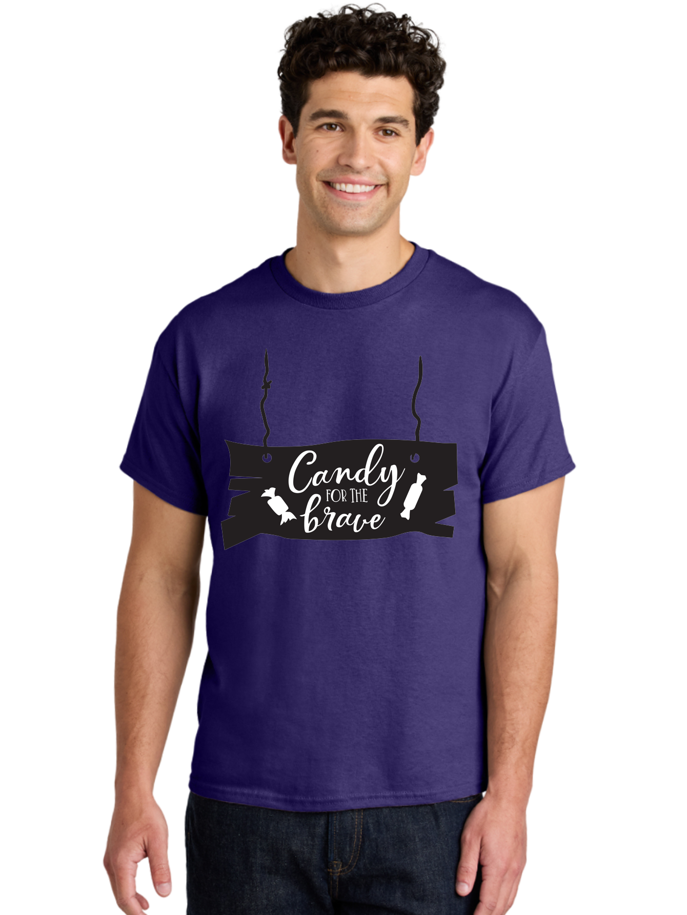 Candy-For-The-Brave Men'S Graphic Tee, 100% Cotton, Comfortable Casual Summer Wear, Machine Washable, Halloween Candy, Trick Or Treat, Spooky Decorations, White Cursive Text, Ghost And Candy Illustration, Black Wooden Sign, Horror Theme, Aac567