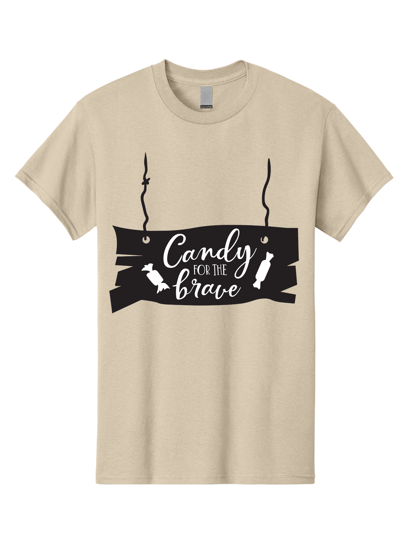 Candy-For-The-Brave Men'S Graphic Tee, 100% Cotton, Comfortable Casual Summer Wear, Machine Washable, Halloween Candy, Trick Or Treat, Spooky Decorations, White Cursive Text, Ghost And Candy Illustration, Black Wooden Sign, Horror Theme, Aac567