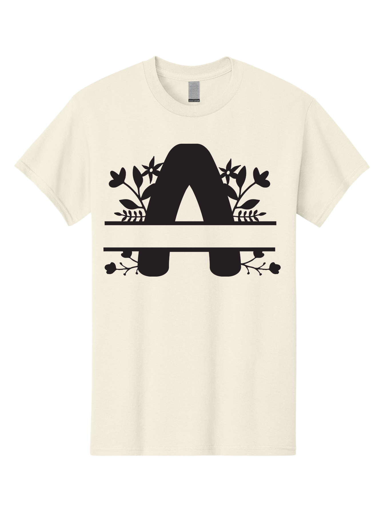 Capital-Letter-A Men'S Graphic Tee, 100% Cotton, Comfortable Casual Summer Wear, Machine Washable, Letter A, Floral Designs, Botanical Elements, Leaves, Flowers, Black Silhouette, Elegant Typography, Decorative Accents, Minimalist Style, Aac568