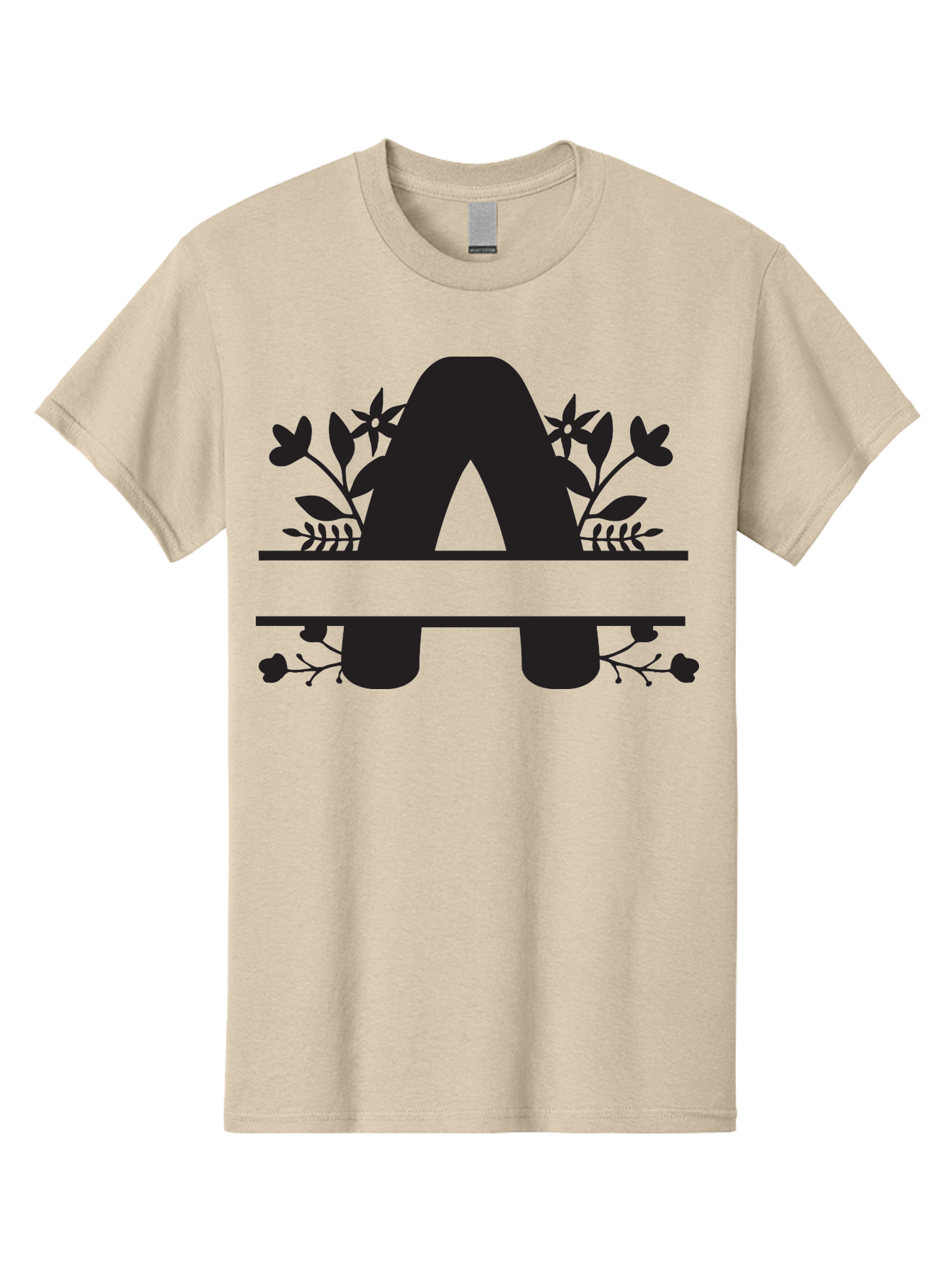 Capital-Letter-A Men'S Graphic Tee, 100% Cotton, Comfortable Casual Summer Wear, Machine Washable, Letter A, Floral Designs, Botanical Elements, Leaves, Flowers, Black Silhouette, Elegant Typography, Decorative Accents, Minimalist Style, Aac568