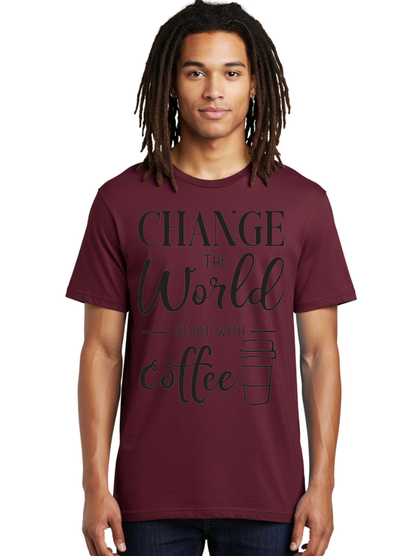 Change-The-World-Start-With-Coffee Men'S Graphic Tee, 100% Cotton, Comfortable Casual Summer Wear, Machine Washable, Coffee Quote, Inspirational Quote, Change The World, Morning Motivation, Coffee Love, Coffee Culture, Drink Coffee Aac572