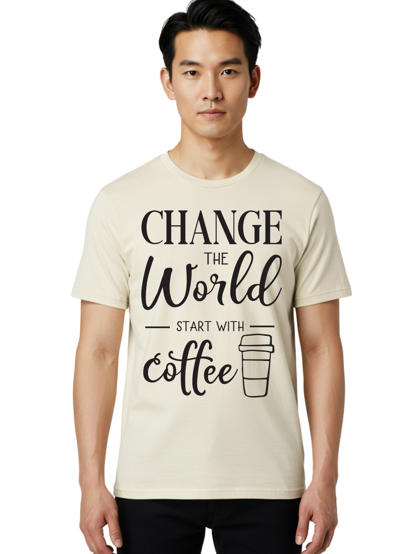 Change-The-World-Start-With-Coffee Men'S Graphic Tee, 100% Cotton, Comfortable Casual Summer Wear, Machine Washable, Coffee Quote, Inspirational Quote, Change The World, Morning Motivation, Coffee Love, Coffee Culture, Drink Coffee Aac572