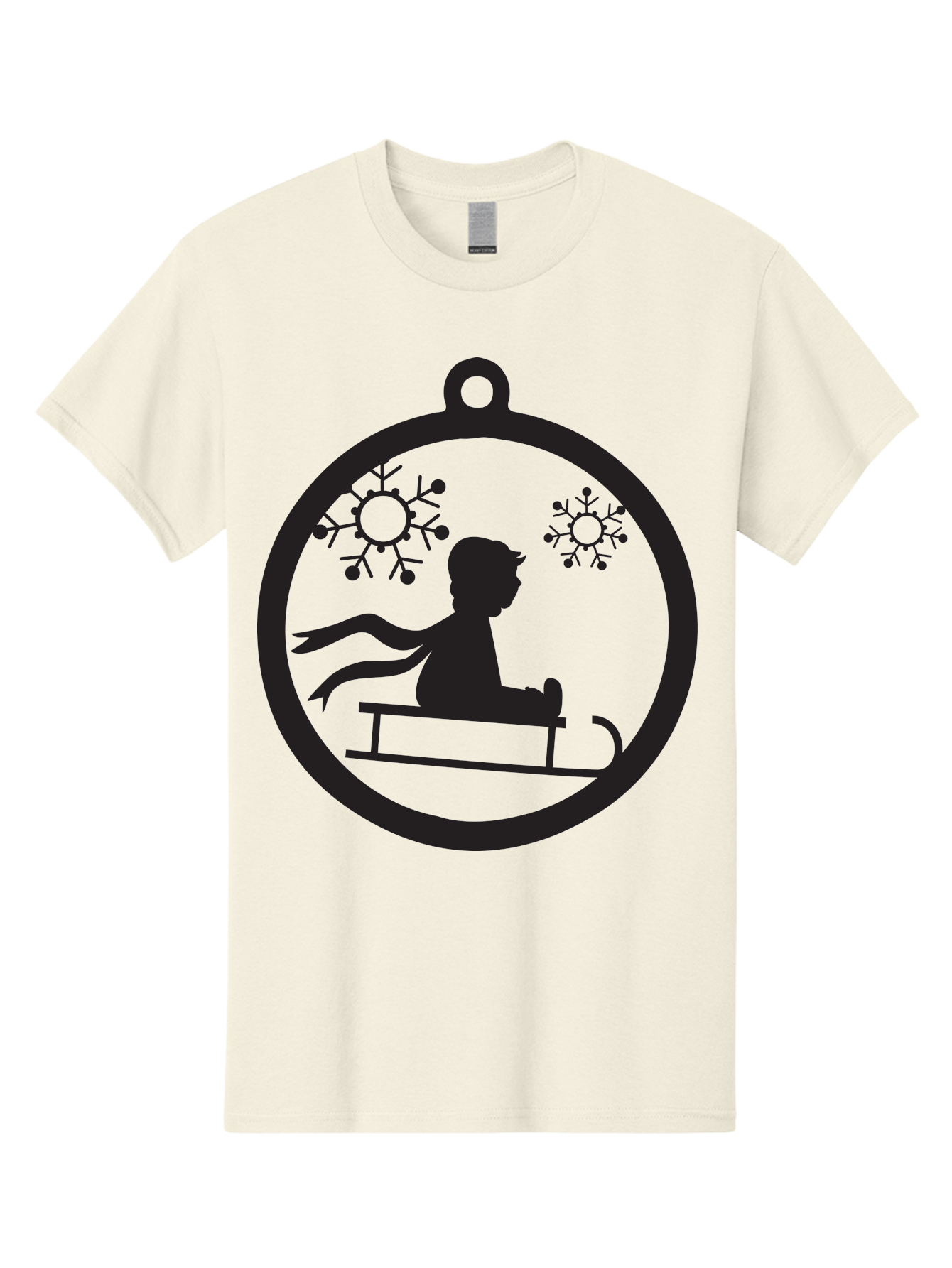 Child-On-Sled Men'S Graphic Tee, 100% Cotton, Comfortable Casual Summer Wear, Machine Washable, Child On Sled, Winter Fun, Snowflake Decorations, Festive Ornaments, Holiday Cheer, Black Silhouette, Christmas Theme, Winter Scenery Aac574