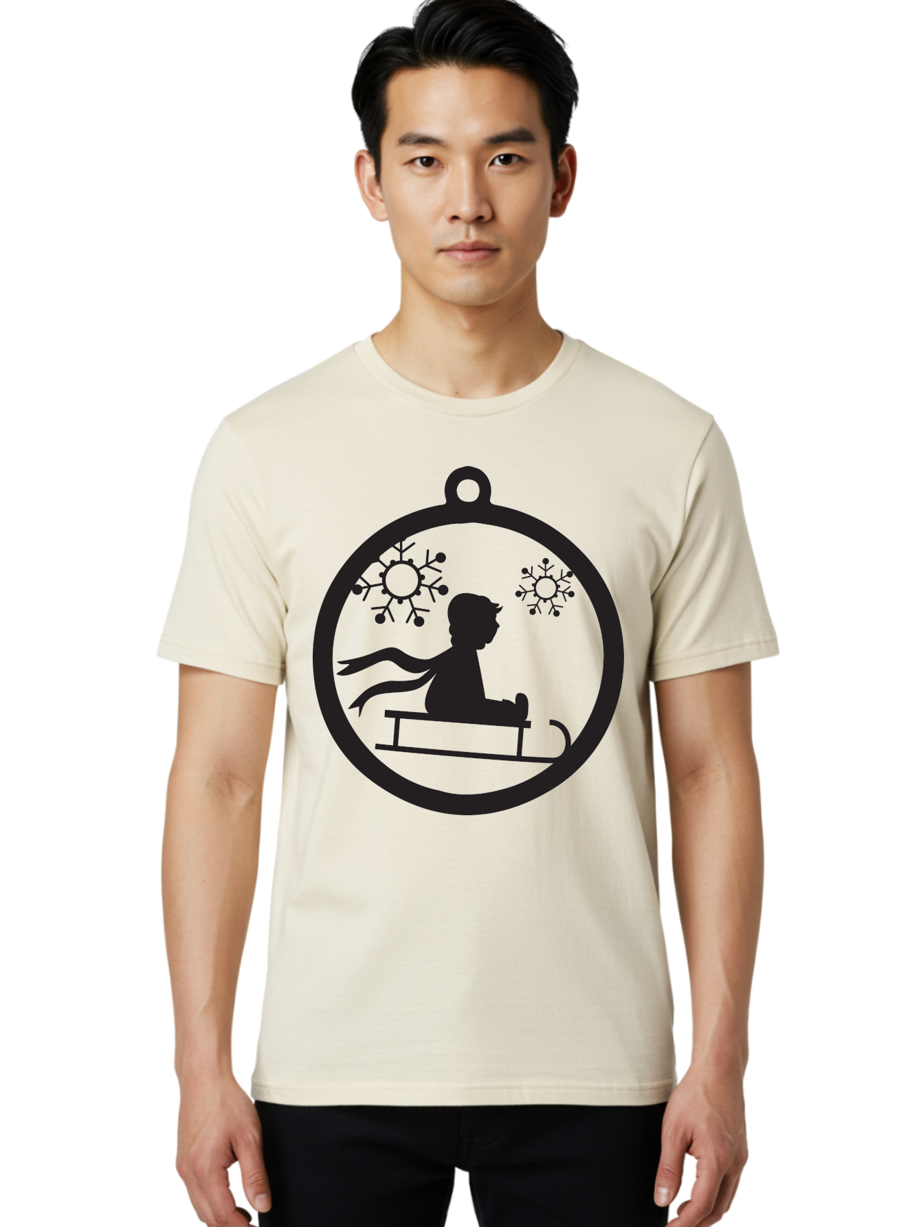 Child-On-Sled Men'S Graphic Tee, 100% Cotton, Comfortable Casual Summer Wear, Machine Washable, Child On Sled, Winter Fun, Snowflake Decorations, Festive Ornaments, Holiday Cheer, Black Silhouette, Christmas Theme, Winter Scenery Aac574