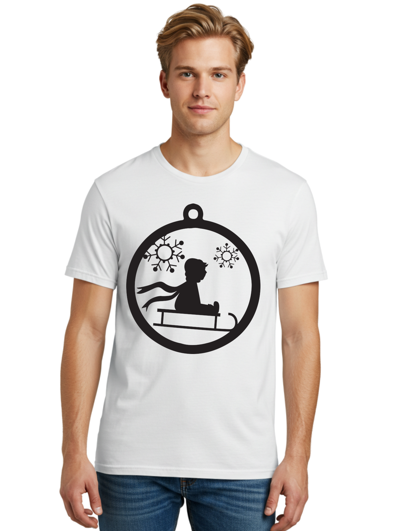 Child-On-Sled Men'S Graphic Tee, 100% Cotton, Comfortable Casual Summer Wear, Machine Washable, Child On Sled, Winter Fun, Snowflake Decorations, Festive Ornaments, Holiday Cheer, Black Silhouette, Christmas Theme, Winter Scenery Aac574