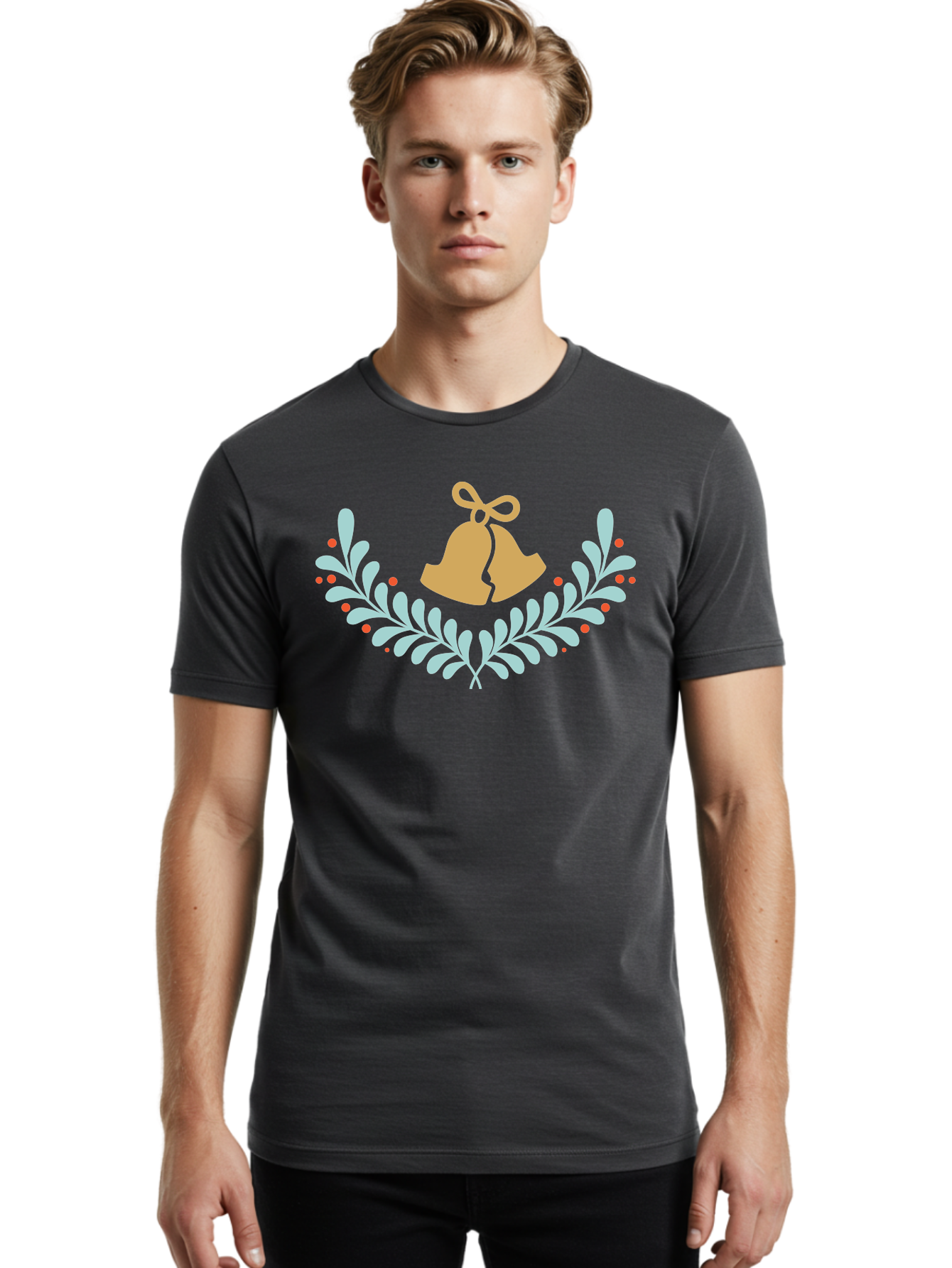 Christmas-Bells Men'S Graphic Tee, 100% Cotton, Comfortable Casual Summer Wear, Machine Washable, Christmas Bells, Holly Leaves, Festive Decorations, Holiday Symbols, Christmas Ornaments, Golden Bells, Red Berries Aac578