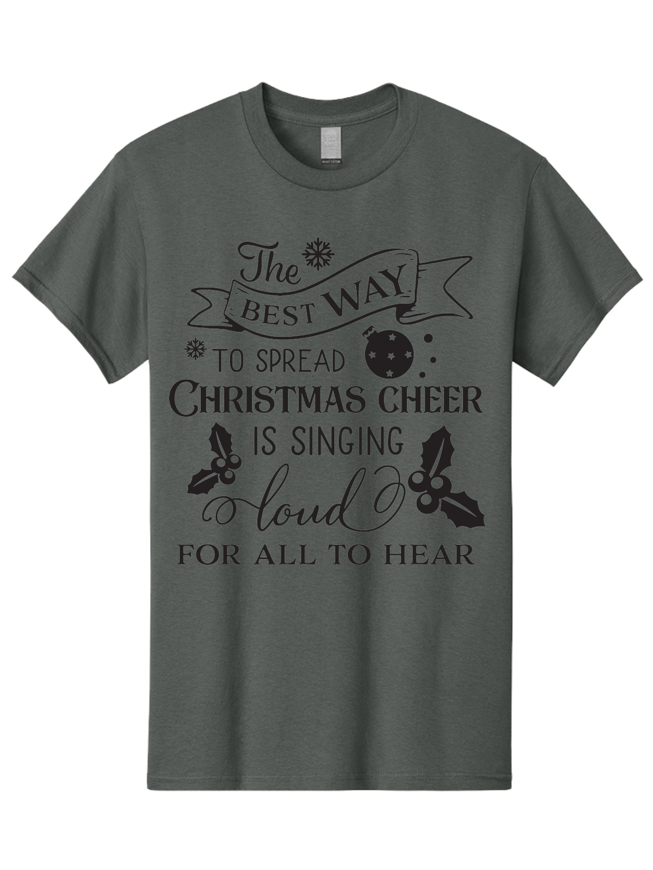 Christmas-Cheer-Quote Men'S Graphic Tee, 100% Cotton, Comfortable Casual Summer Wear, Machine Washable, Christmas Quote, Holiday Cheer, Festive Decor, Black Typography, Christmas Ornament, Holly Leaves, Banner Design, Joyful Message, Aac579