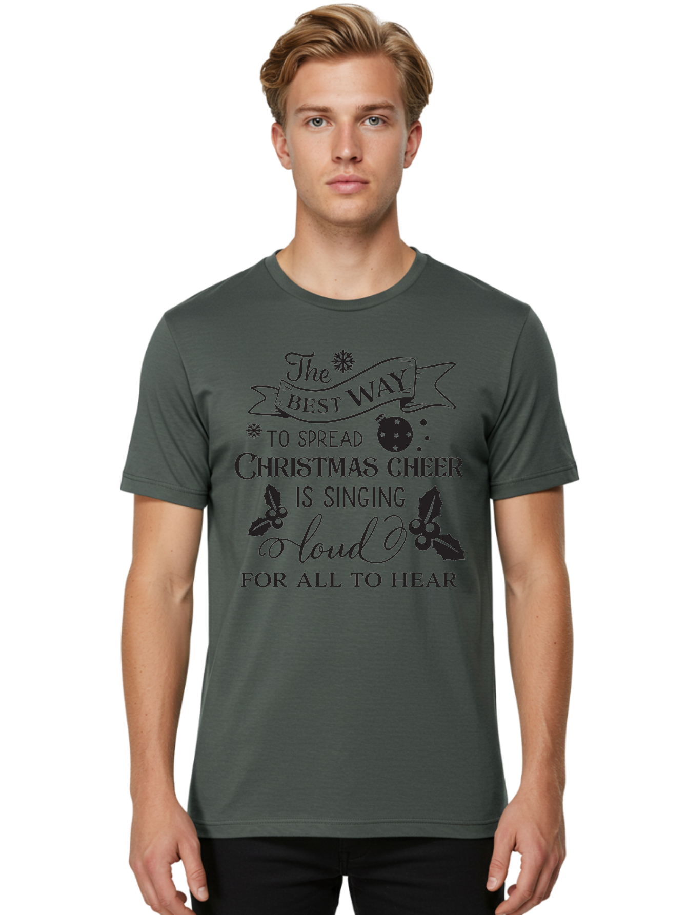 Christmas-Cheer-Quote Men'S Graphic Tee, 100% Cotton, Comfortable Casual Summer Wear, Machine Washable, Christmas Quote, Holiday Cheer, Festive Decor, Black Typography, Christmas Ornament, Holly Leaves, Banner Design, Joyful Message, Aac579
