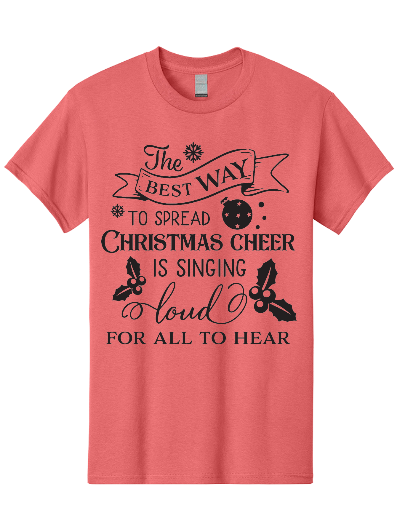 Christmas-Cheer-Quote Men'S Graphic Tee, 100% Cotton, Comfortable Casual Summer Wear, Machine Washable, Christmas Quote, Holiday Cheer, Festive Decor, Black Typography, Christmas Ornament, Holly Leaves, Banner Design, Joyful Message, Aac579