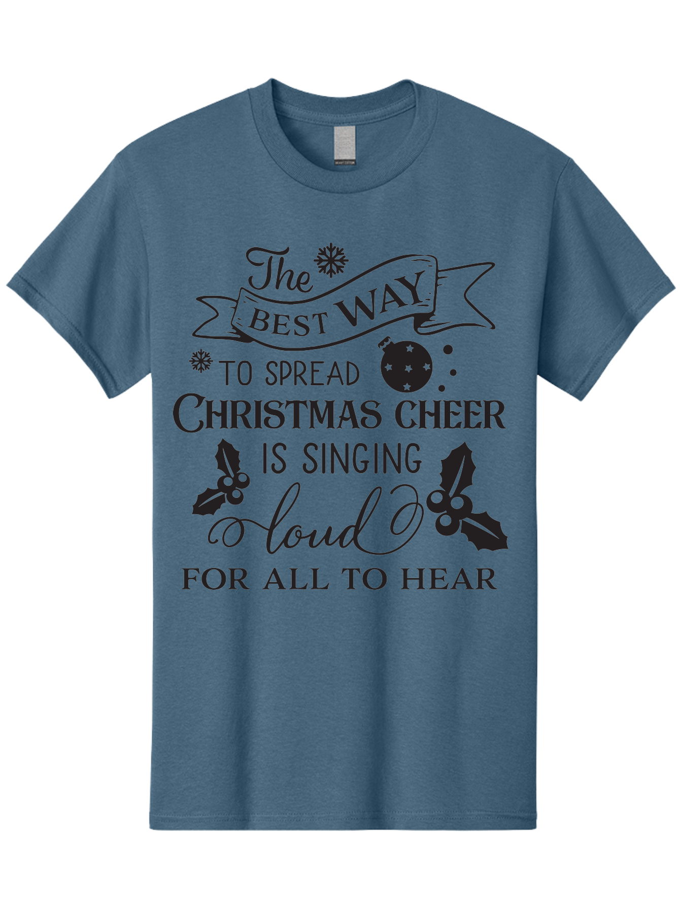 Christmas-Cheer-Quote Men'S Graphic Tee, 100% Cotton, Comfortable Casual Summer Wear, Machine Washable, Christmas Quote, Holiday Cheer, Festive Decor, Black Typography, Christmas Ornament, Holly Leaves, Banner Design, Joyful Message, Aac579