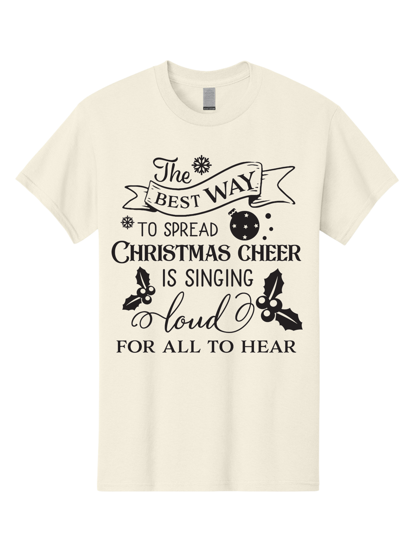 Christmas-Cheer-Quote Men'S Graphic Tee, 100% Cotton, Comfortable Casual Summer Wear, Machine Washable, Christmas Quote, Holiday Cheer, Festive Decor, Black Typography, Christmas Ornament, Holly Leaves, Banner Design, Joyful Message, Aac579