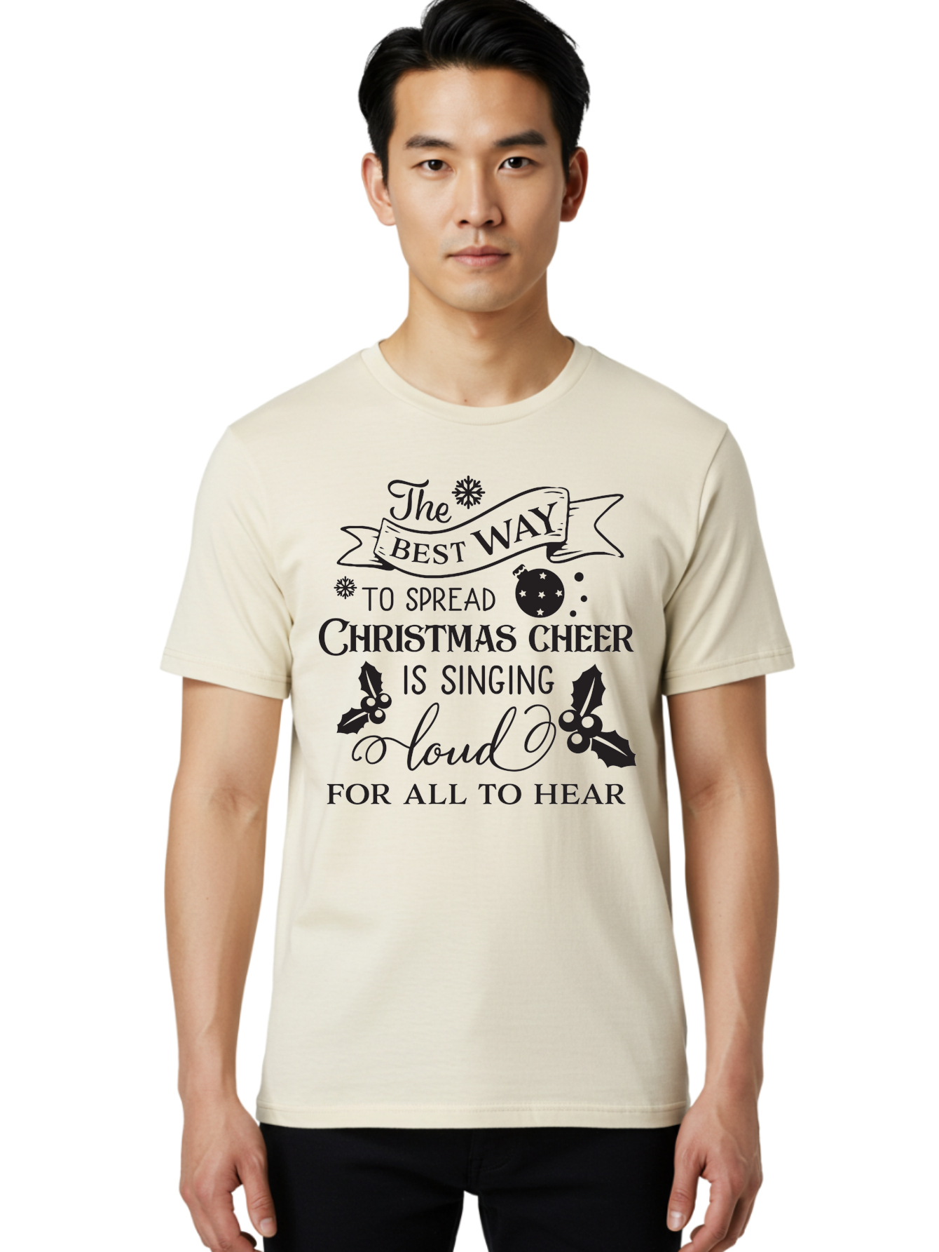 Christmas-Cheer-Quote Men'S Graphic Tee, 100% Cotton, Comfortable Casual Summer Wear, Machine Washable, Christmas Quote, Holiday Cheer, Festive Decor, Black Typography, Christmas Ornament, Holly Leaves, Banner Design, Joyful Message, Aac579